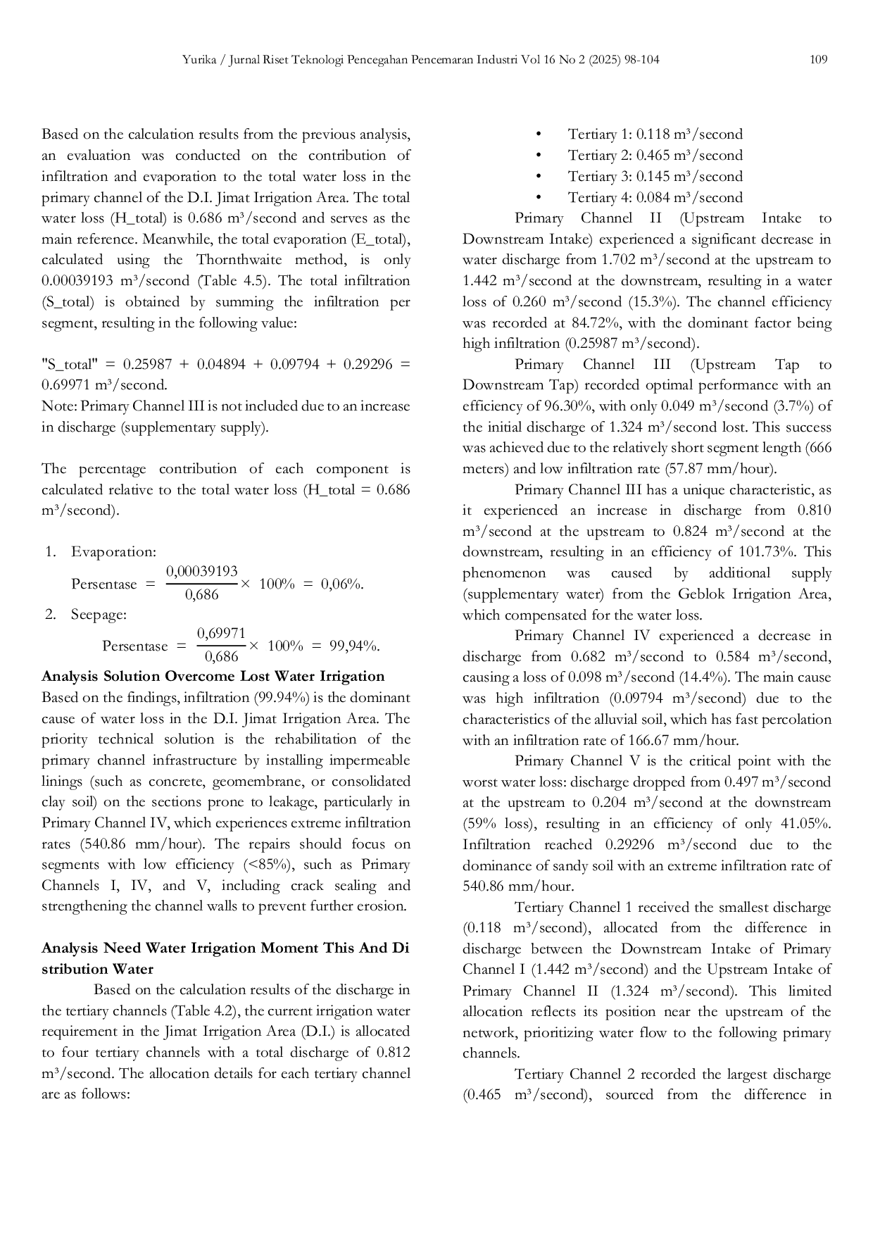JURIS Analysis Of Water Losses In The Jimat Irrigation Area Wonosobo Regency