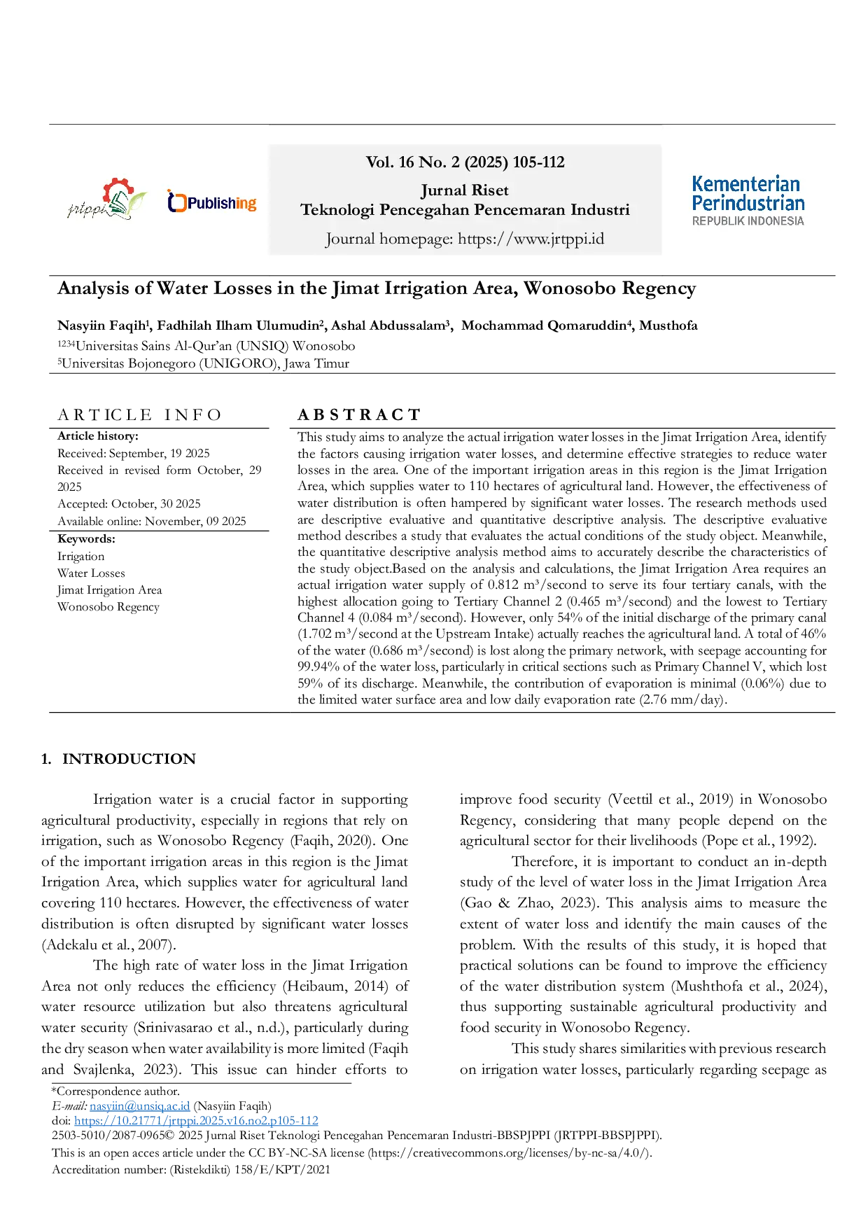 JURIS Analysis Of Water Losses In The Jimat Irrigation Area Wonosobo Regency