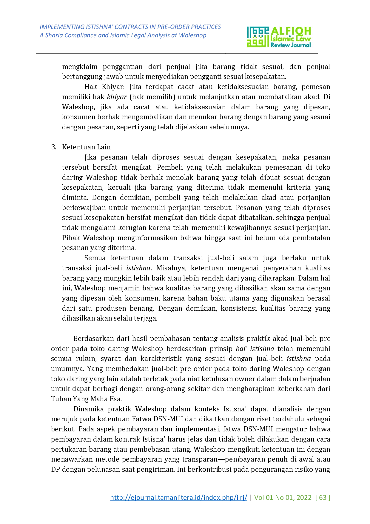juris Implementing Istishna Contracts in Pre Order Practices A Sharia Compliance and Islamic Legal Analysis at Waleshop