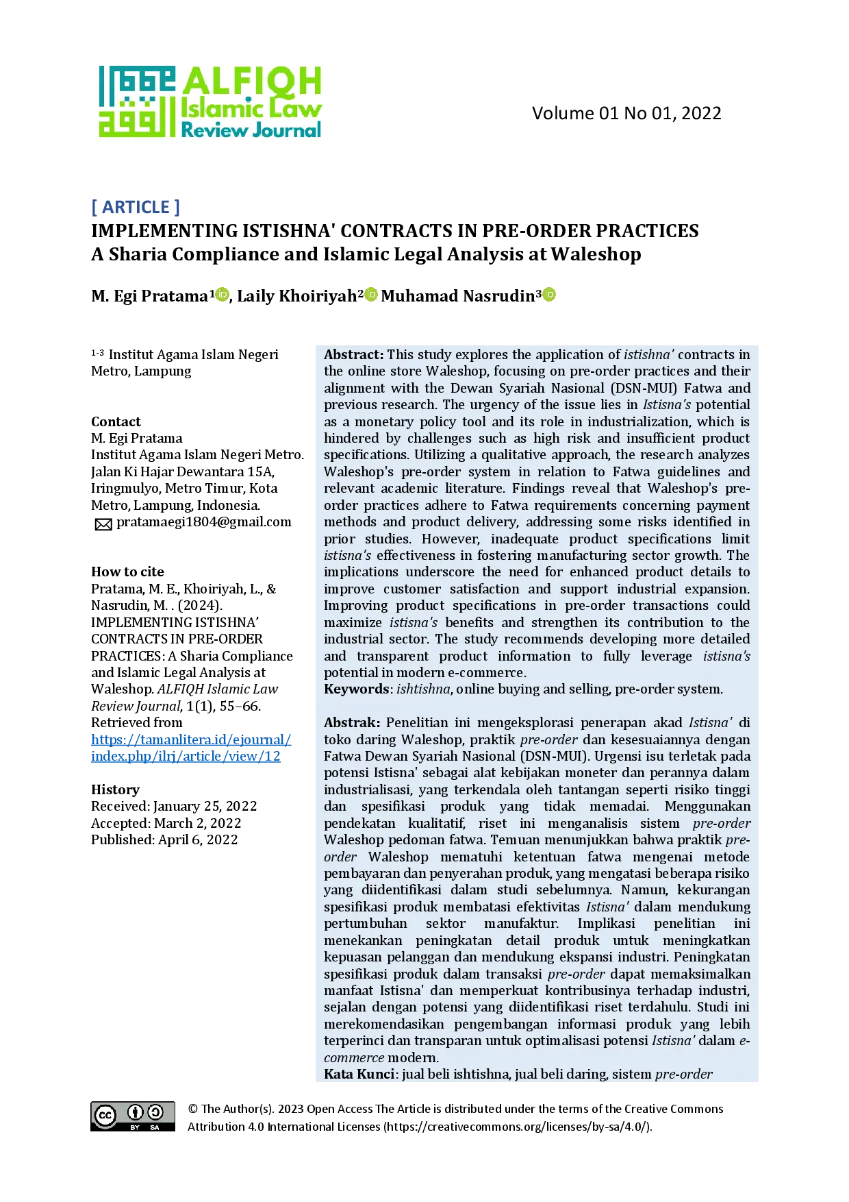 juris Implementing Istishna Contracts in Pre Order Practices A Sharia Compliance and Islamic Legal Analysis at Waleshop