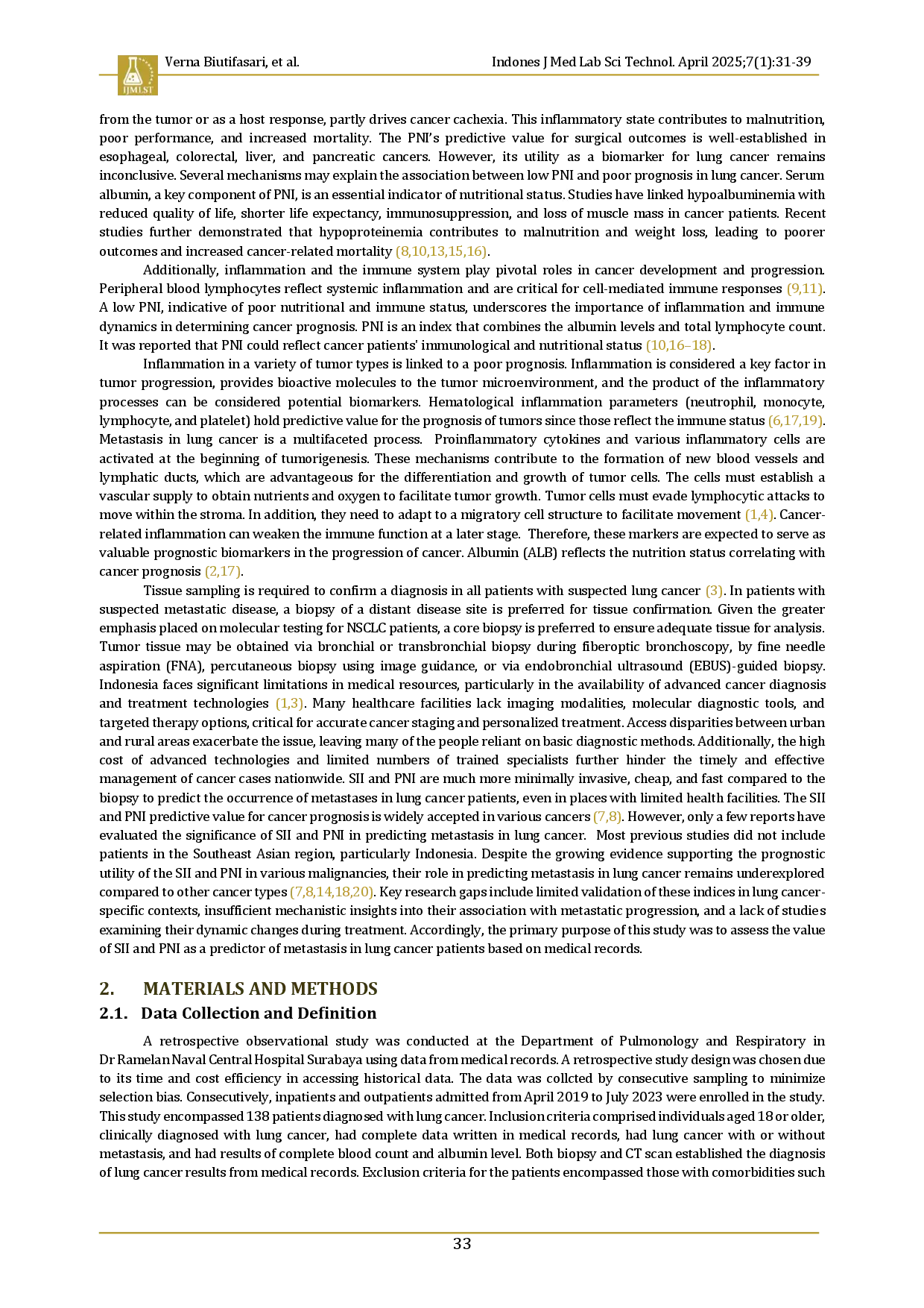 juris The clinical value of systemic immune inflammation index SII and prognostic nutritional index PNI for predicting the occurrence of metastasis in patients with lung cancer