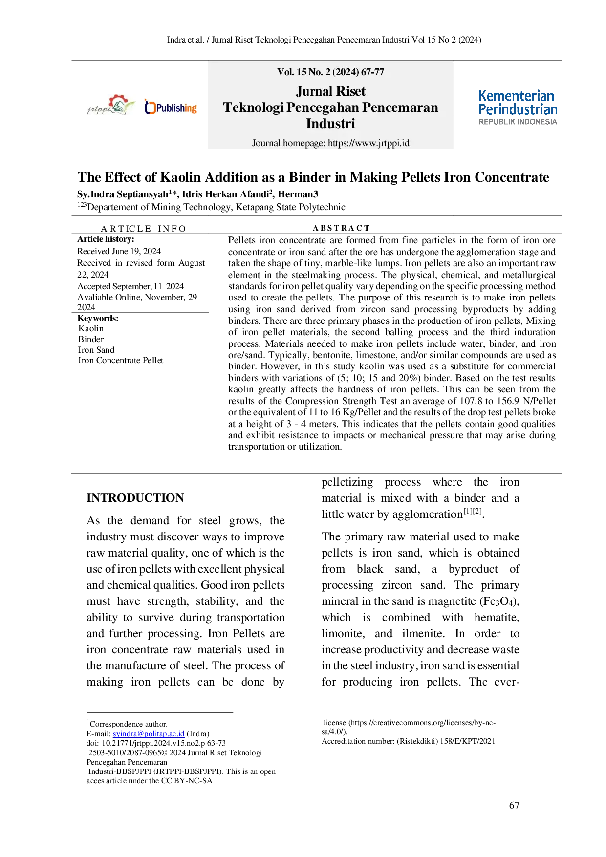 JURIS The Effect of Kaolin Addition as a Binder in Making Pellets Iron Concentrate