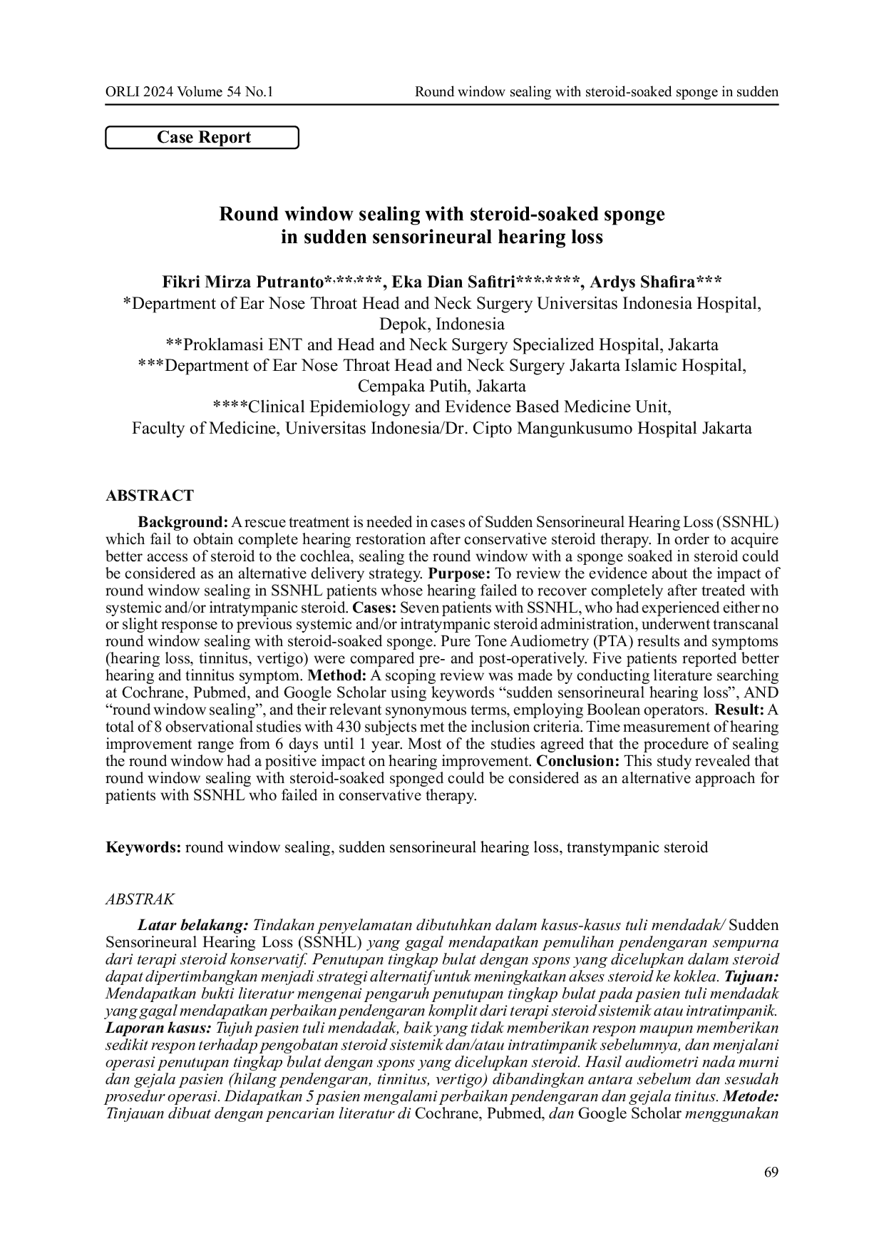 JURIS Round window sealing with steroid soaked sponge in sudden sensorineural hearing loss