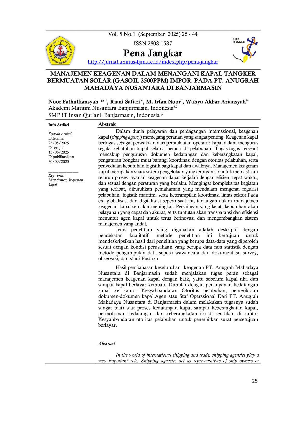 JURIS Manajemen Keagenan Dalam Menangani Kapal Tangker Bermuatan Solar Gasoil 2500PPM Impor Pada PT Anugrah Mahadaya Nusantara Di Banjarmasin