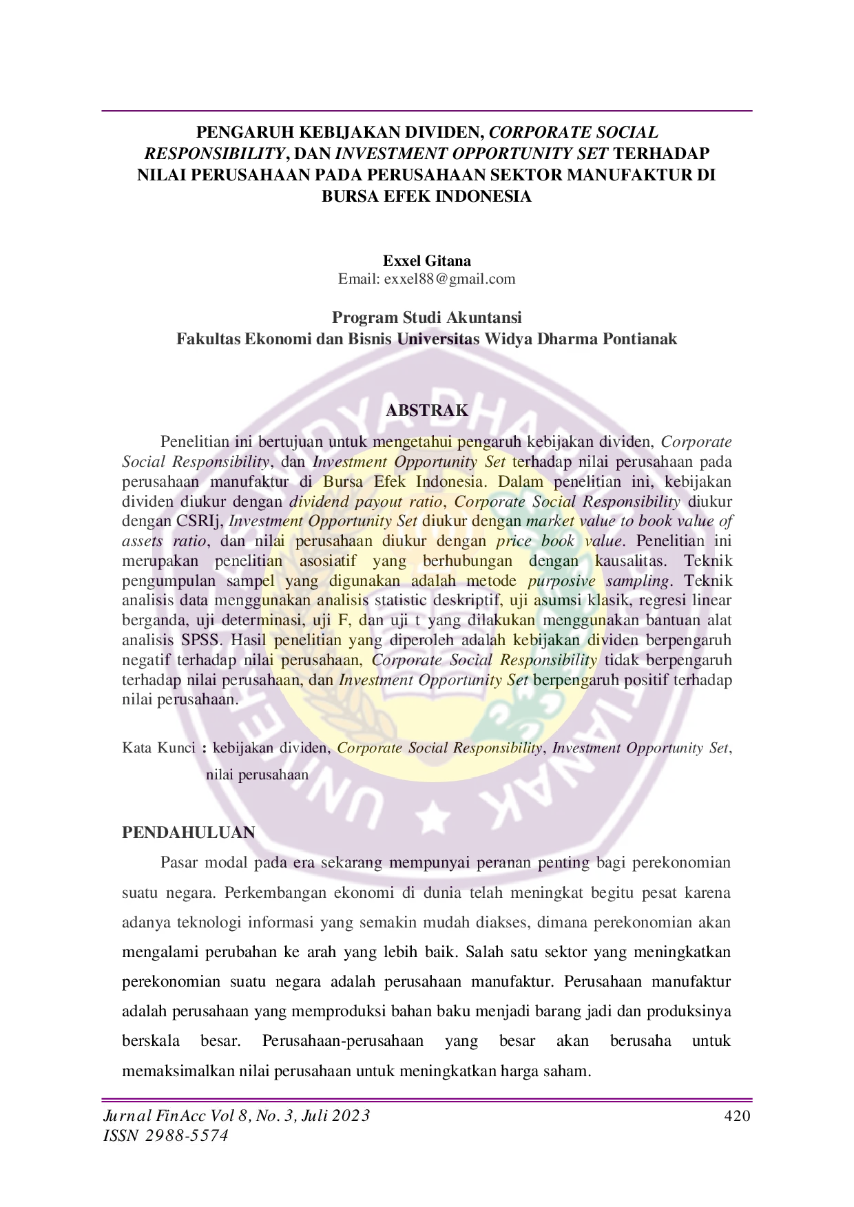 JURIS Pengaruh Kebijakan Dividen Corporate Social Responsibility Dan Investment Opportunity Set Terhadap Nilai Perusahaan Pada Perusahaan Sektor Manufaktur Di Bursa Efek Indonesia