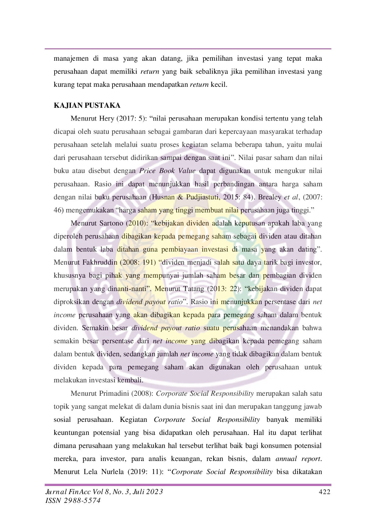 JURIS Pengaruh Kebijakan Dividen Corporate Social Responsibility Dan Investment Opportunity Set Terhadap Nilai Perusahaan Pada Perusahaan Sektor Manufaktur Di Bursa Efek Indonesia