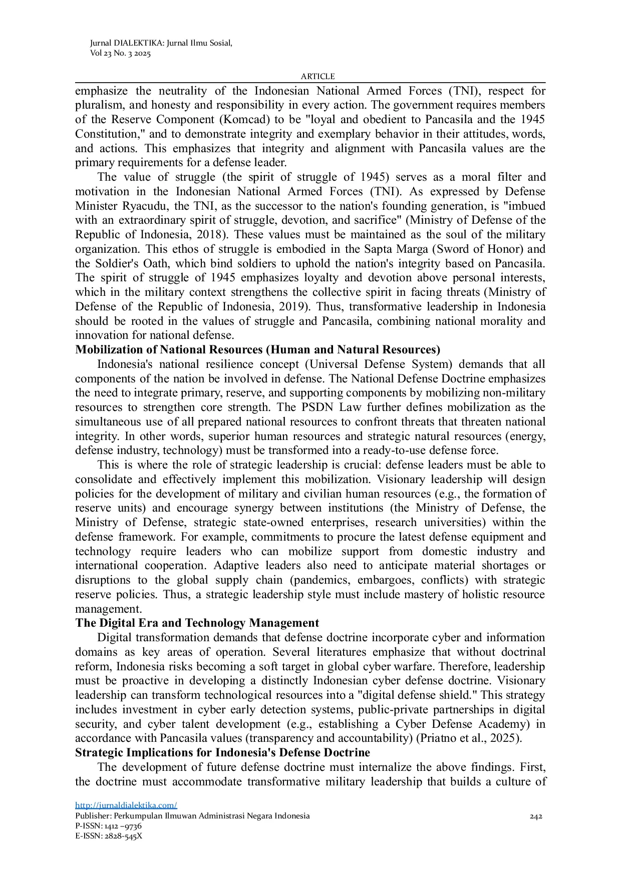 JURIS Transformational Leadership Model Based on Pancasila and Struggle in Mobilizing National Resources for Indonesia s Adaptive Defense Doctrine 2045