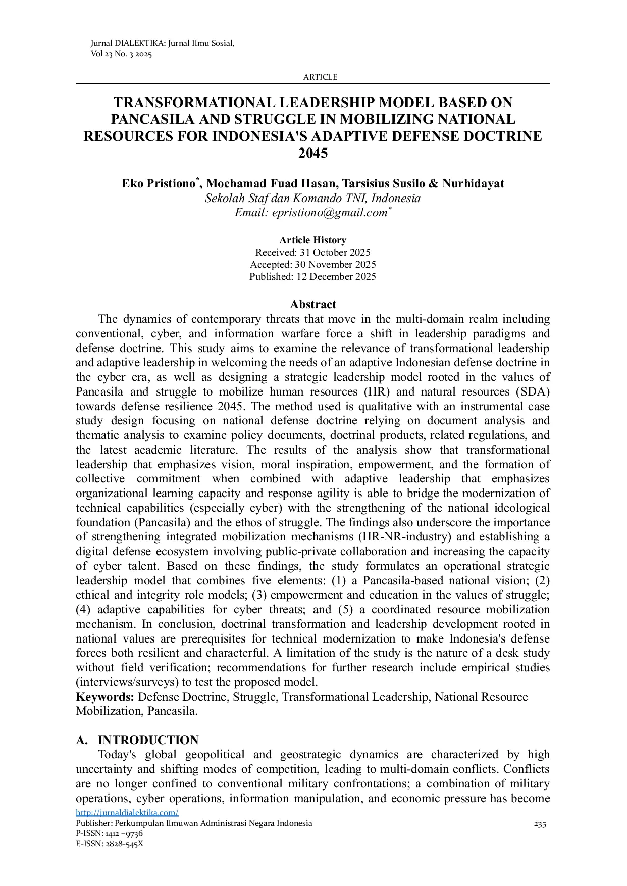 JURIS Transformational Leadership Model Based on Pancasila and Struggle in Mobilizing National Resources for Indonesia s Adaptive Defense Doctrine 2045