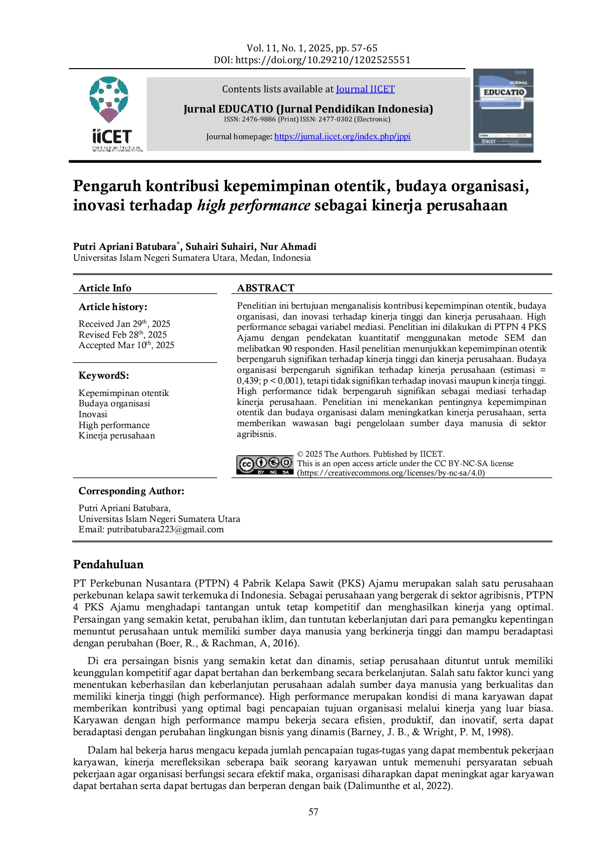 JURIS Pengaruh kontribusi kepemimpinan otentik budaya organisasi inovasi terhadap high performance sebagai kinerja perusahaan