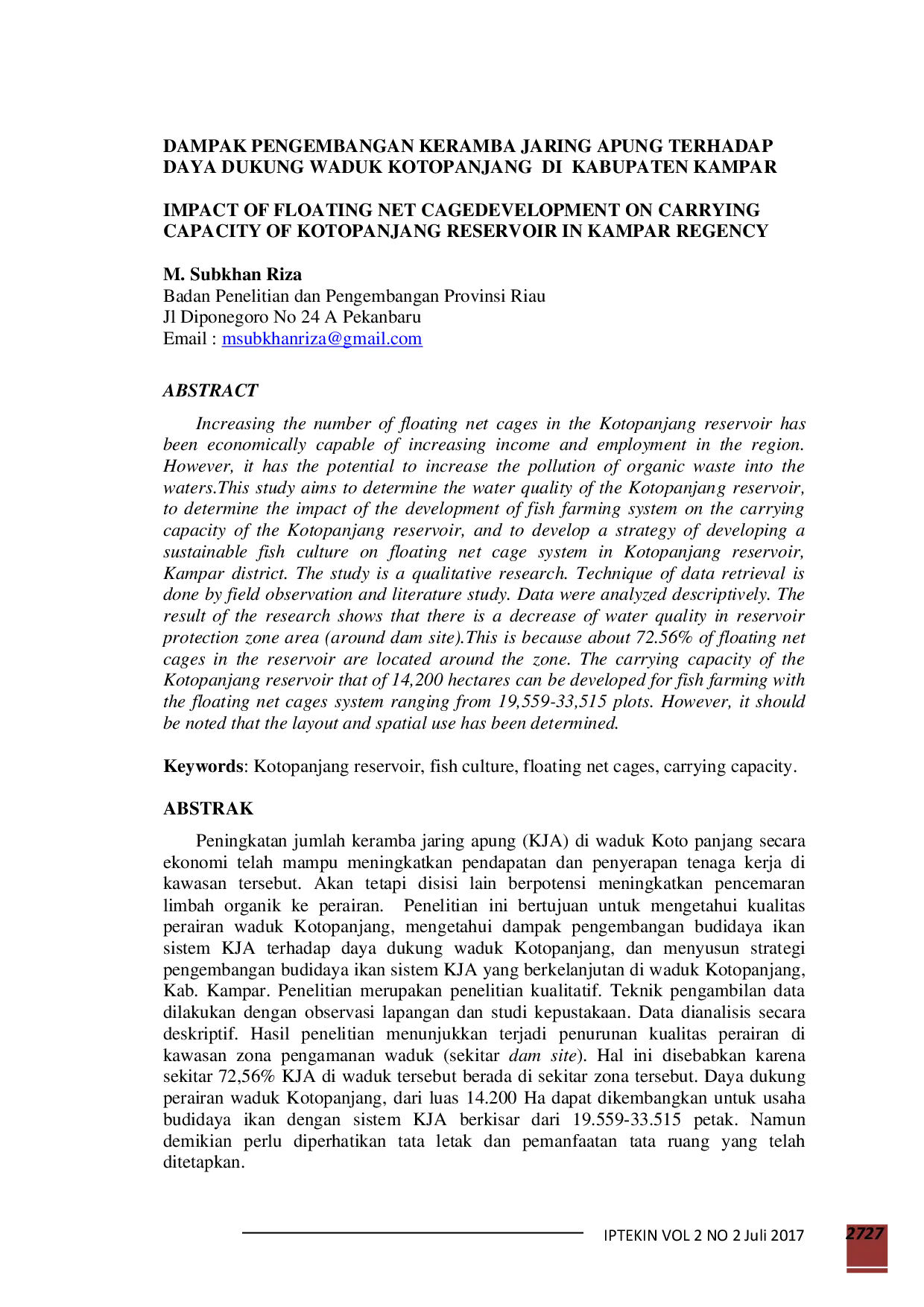 juris Dampak Pengembangan Keramba Jaring Apung Terhadap Daya Dukung Waduk Kotopanjang Di Kabupaten Kampar