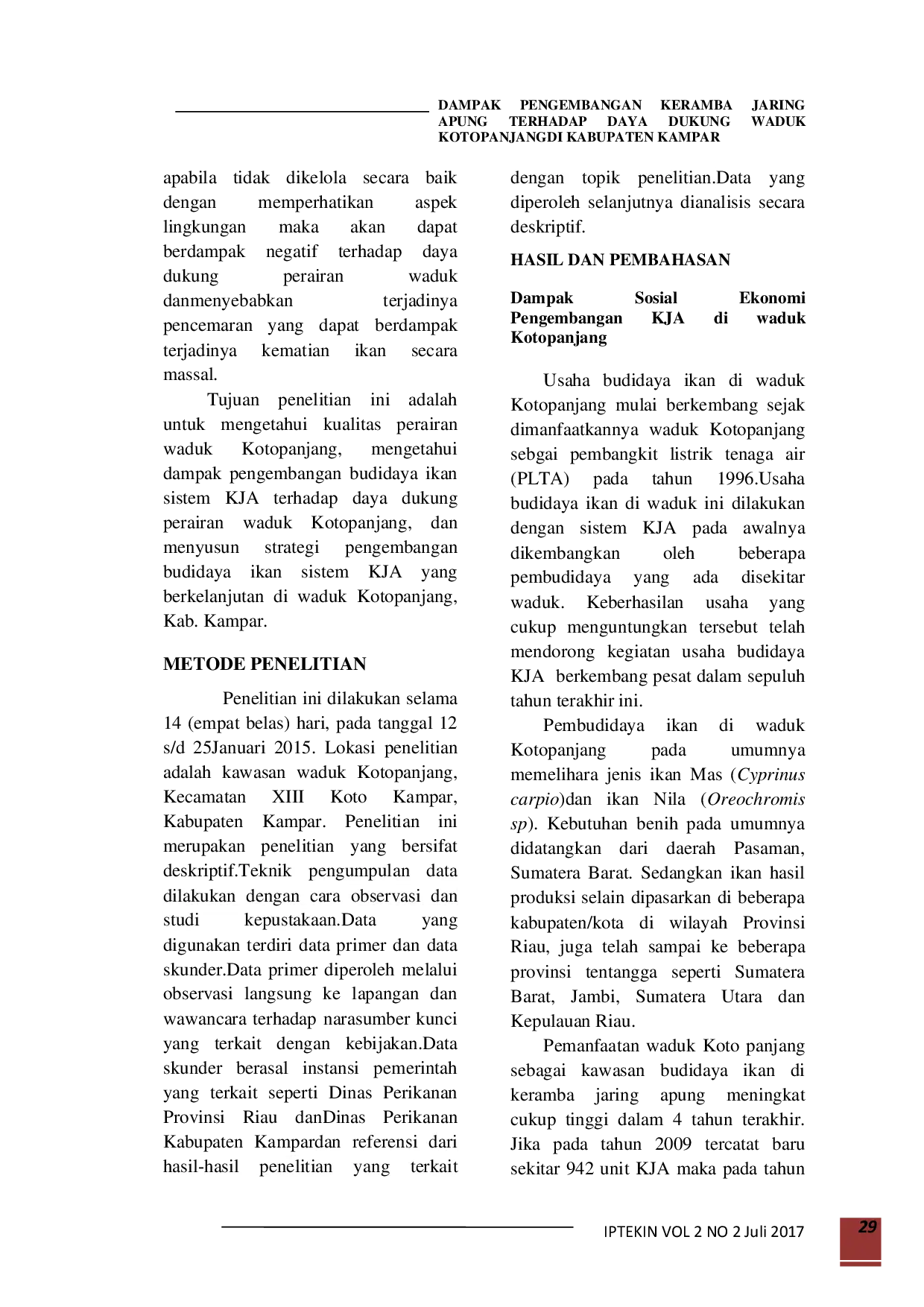 juris Dampak Pengembangan Keramba Jaring Apung Terhadap Daya Dukung Waduk Kotopanjang Di Kabupaten Kampar