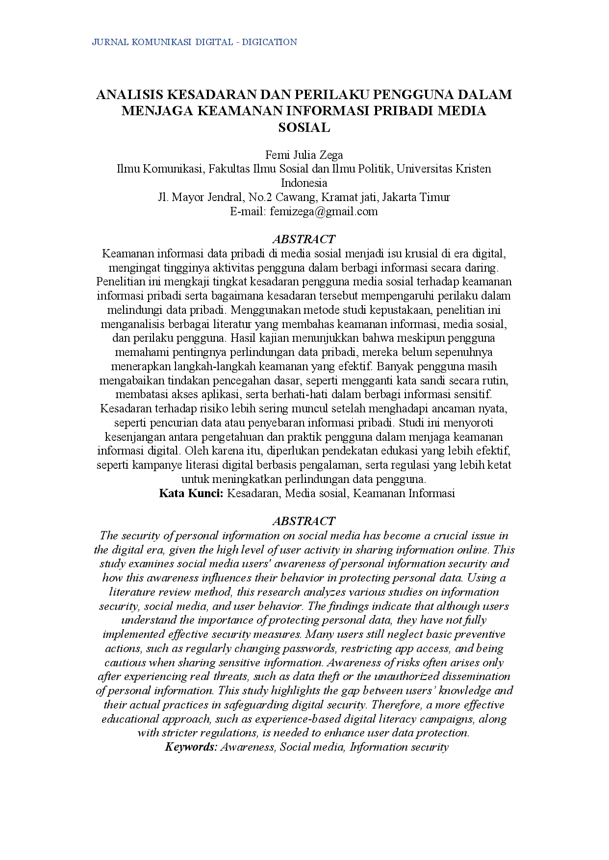 juris Analisis Kesadaran dan Perilaku Pengguna dalam Menjaga Keamanan Informasi Pribadi Media Sosial