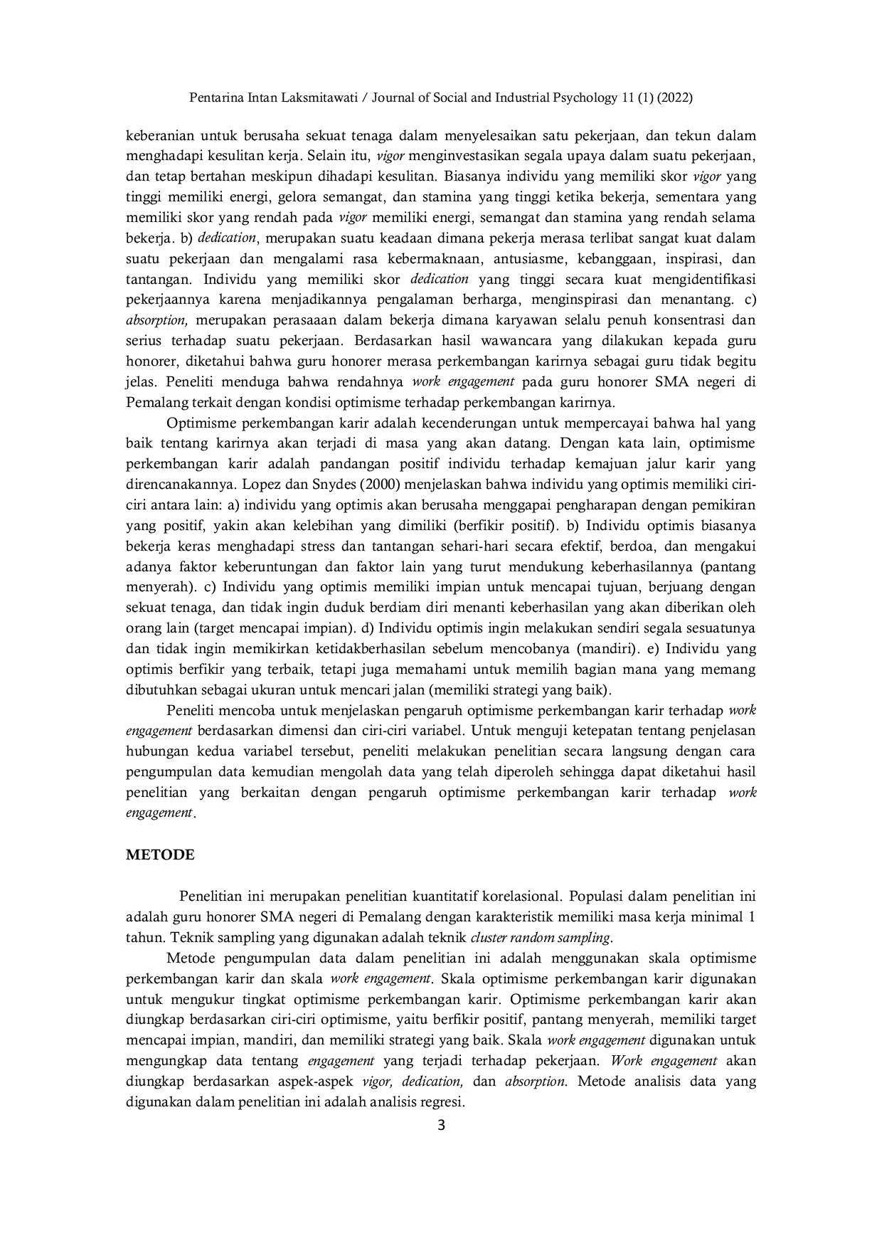 JURIS Pengaruh Optimisme Perkembangan Karir Terhadap Work Engagement pada Guru Honorer SMA Negeri di Pemalang