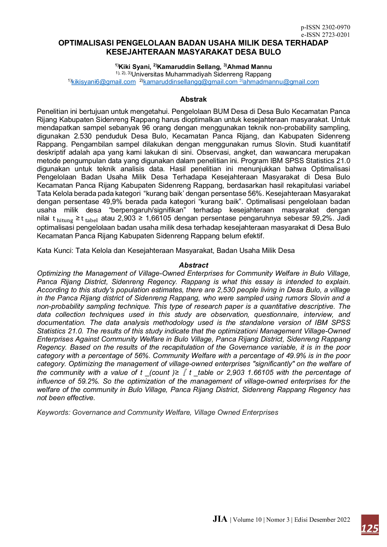JURIS Optimalisasi Pengelolaan Badan Usaha Milik Desa Terhadap Kesejahteraan Masyarakat Desa Bulo