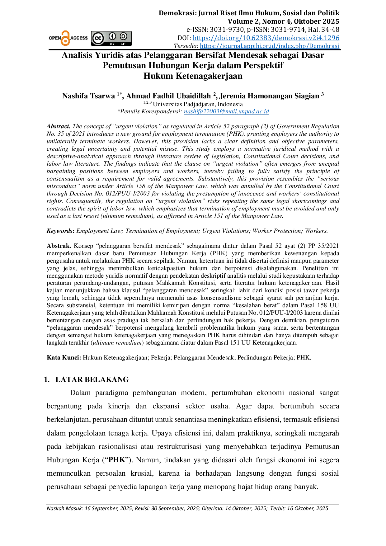 JURIS Analisis Yuridis atas Pelanggaran Bersifat Mendesak sebagai Dasar Pemutusan Hubungan Kerja dalam Perspektif Hukum Ketenagakerjaan