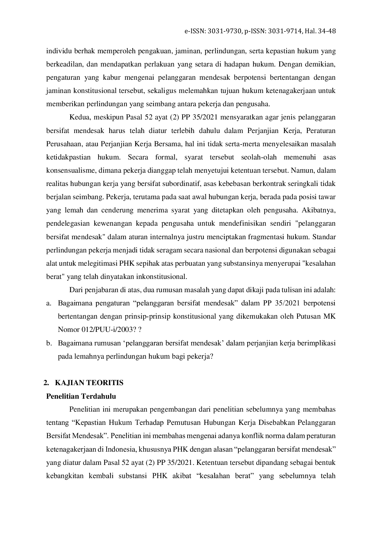 JURIS Analisis Yuridis atas Pelanggaran Bersifat Mendesak sebagai Dasar Pemutusan Hubungan Kerja dalam Perspektif Hukum Ketenagakerjaan