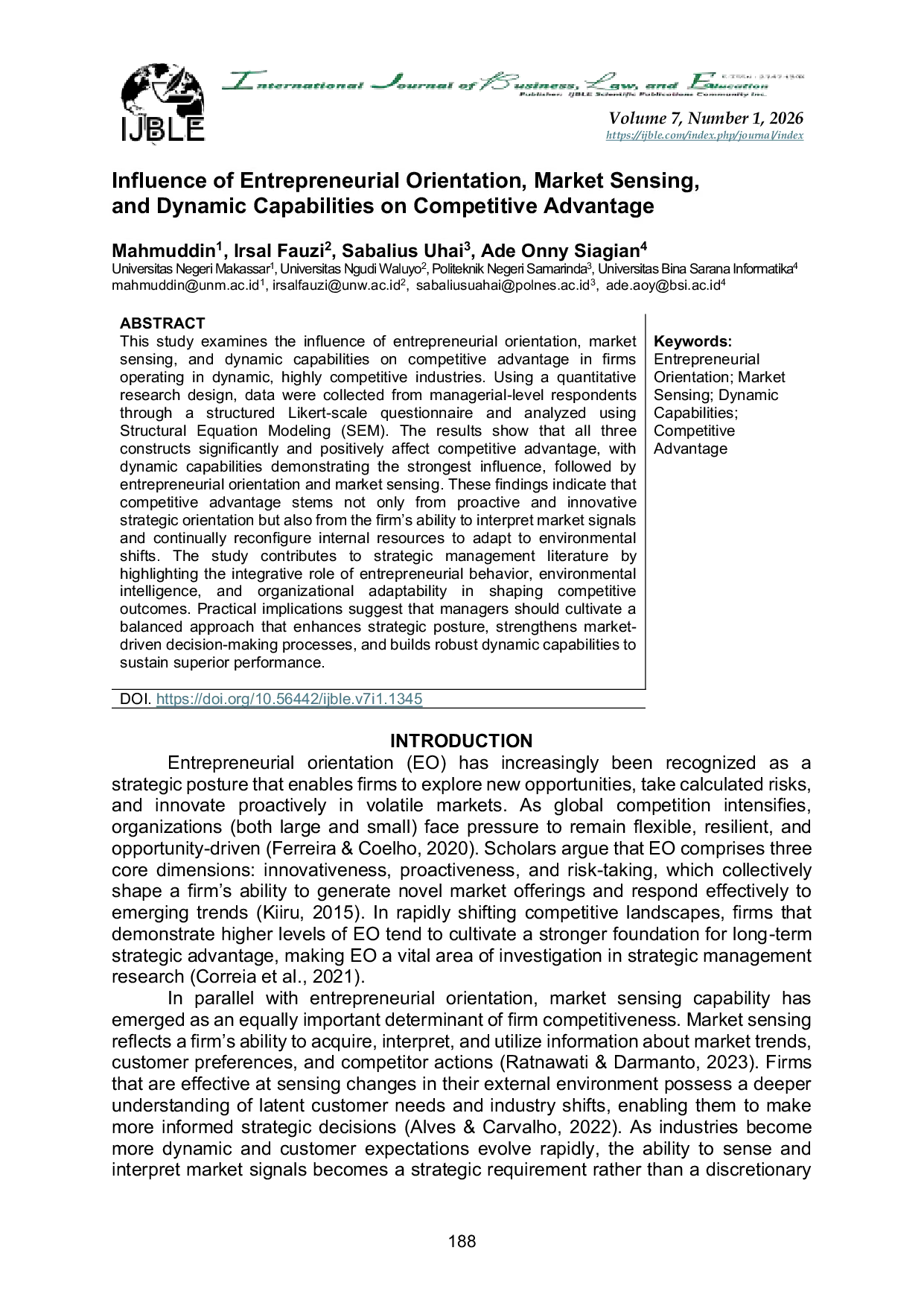 JURIS Influence of Entrepreneurial Orientation Market Sensing and Dynamic Capabilities on Competitive Advantage