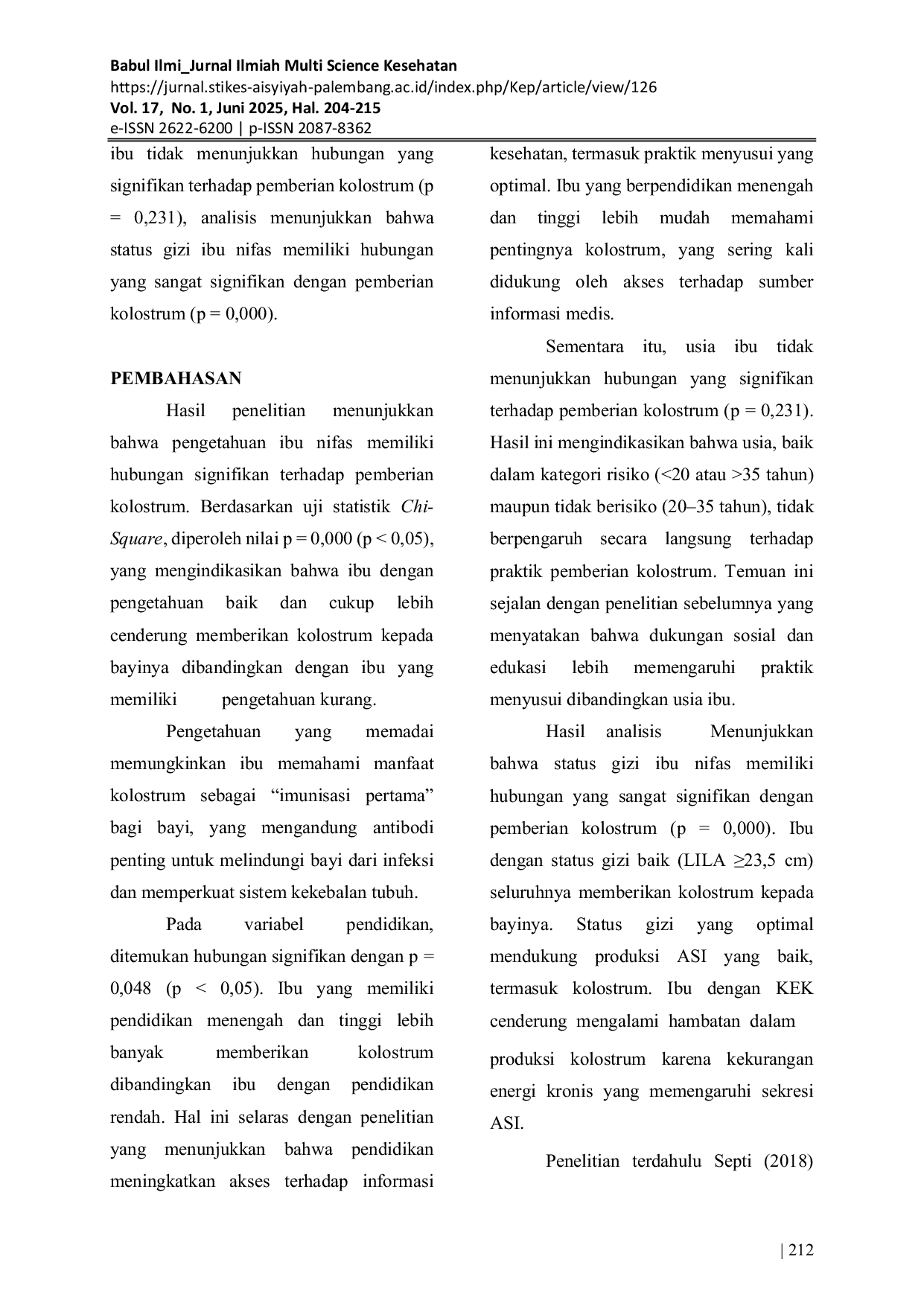 JURIS Faktor Faktor yang Mempengaruhi Pemberian Kolostrum oleh Ibu Nifas di Bidan Praktik Mandiri