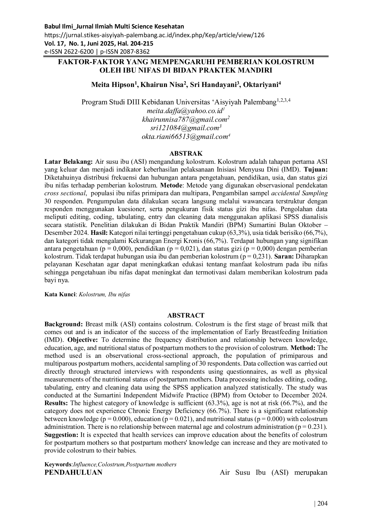 JURIS Faktor Faktor yang Mempengaruhi Pemberian Kolostrum oleh Ibu Nifas di Bidan Praktik Mandiri