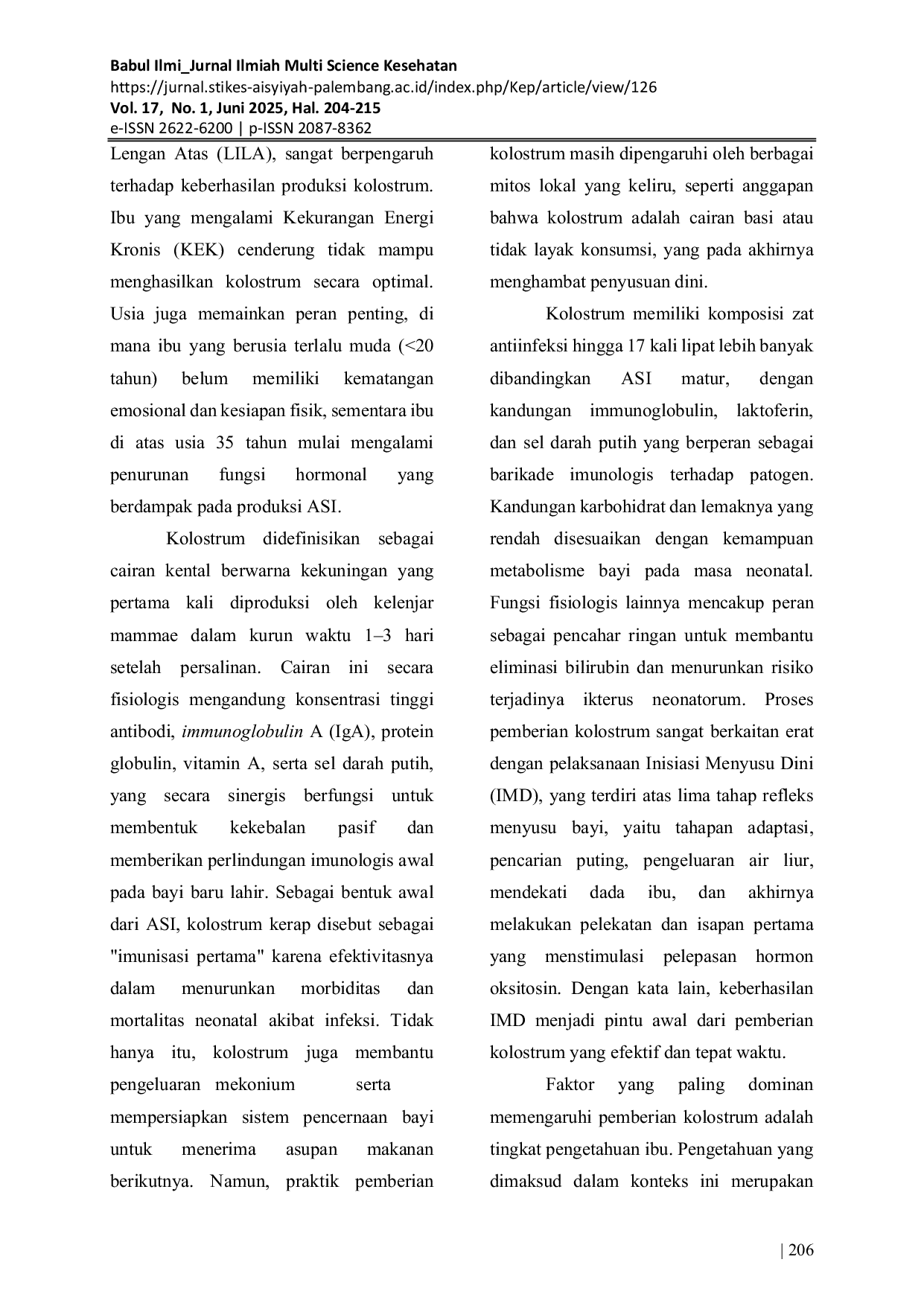 JURIS Faktor Faktor yang Mempengaruhi Pemberian Kolostrum oleh Ibu Nifas di Bidan Praktik Mandiri