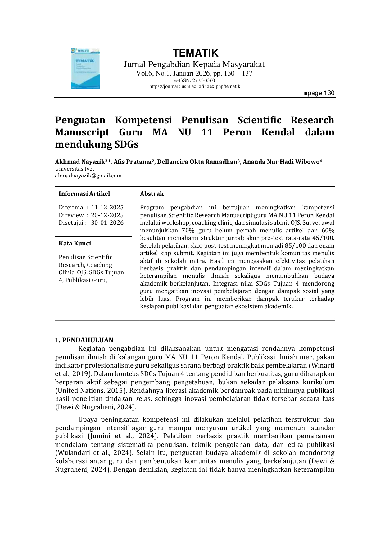 JURIS Penguatan Kompetensi Penulisan Scientific Research Manuscript Guru MA NU 11 Peron Kendal dalam mendukung SDGs