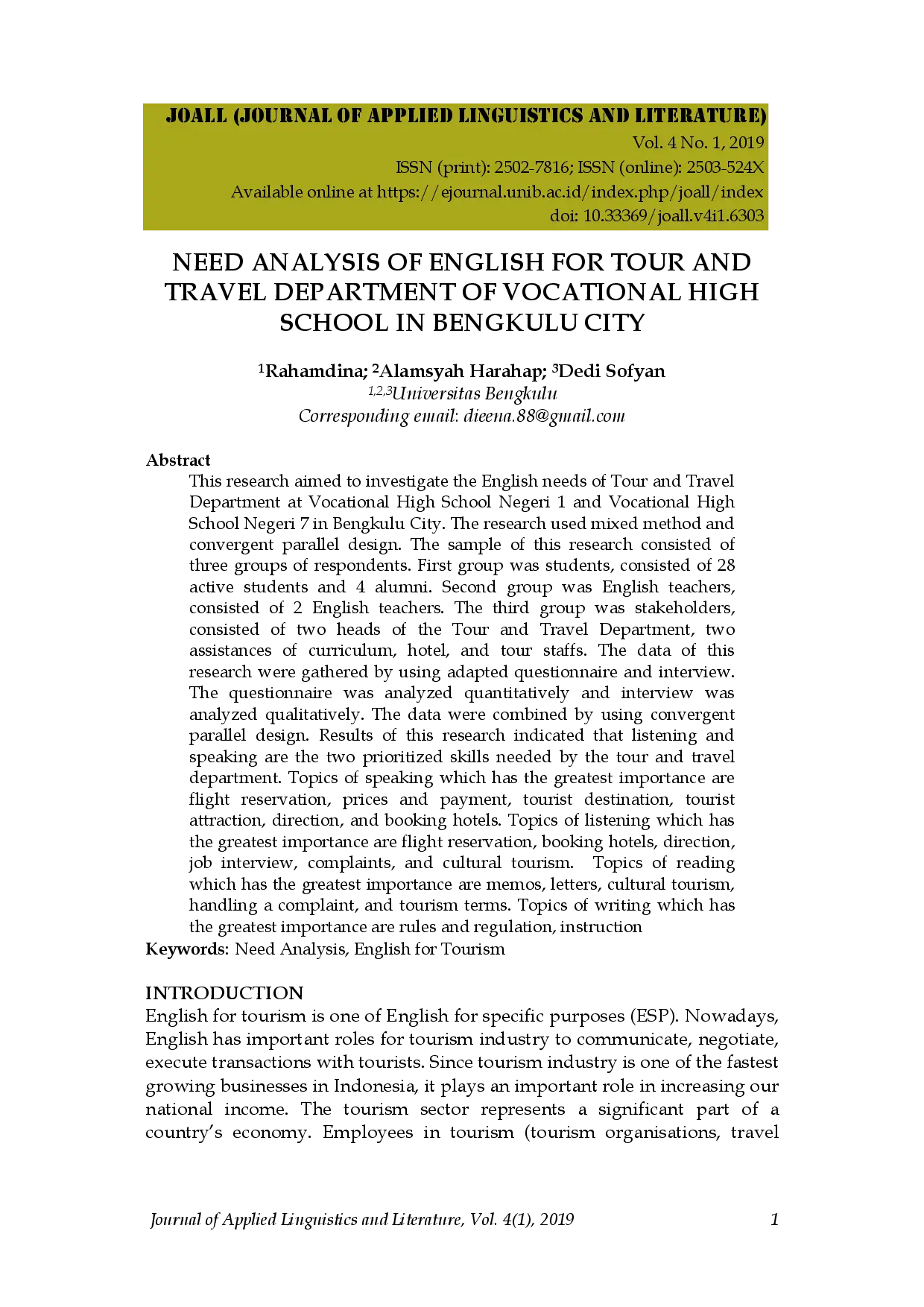 juris Need Analysis of English for Tour and Travel Department of Vocational High School in Bengkulu City