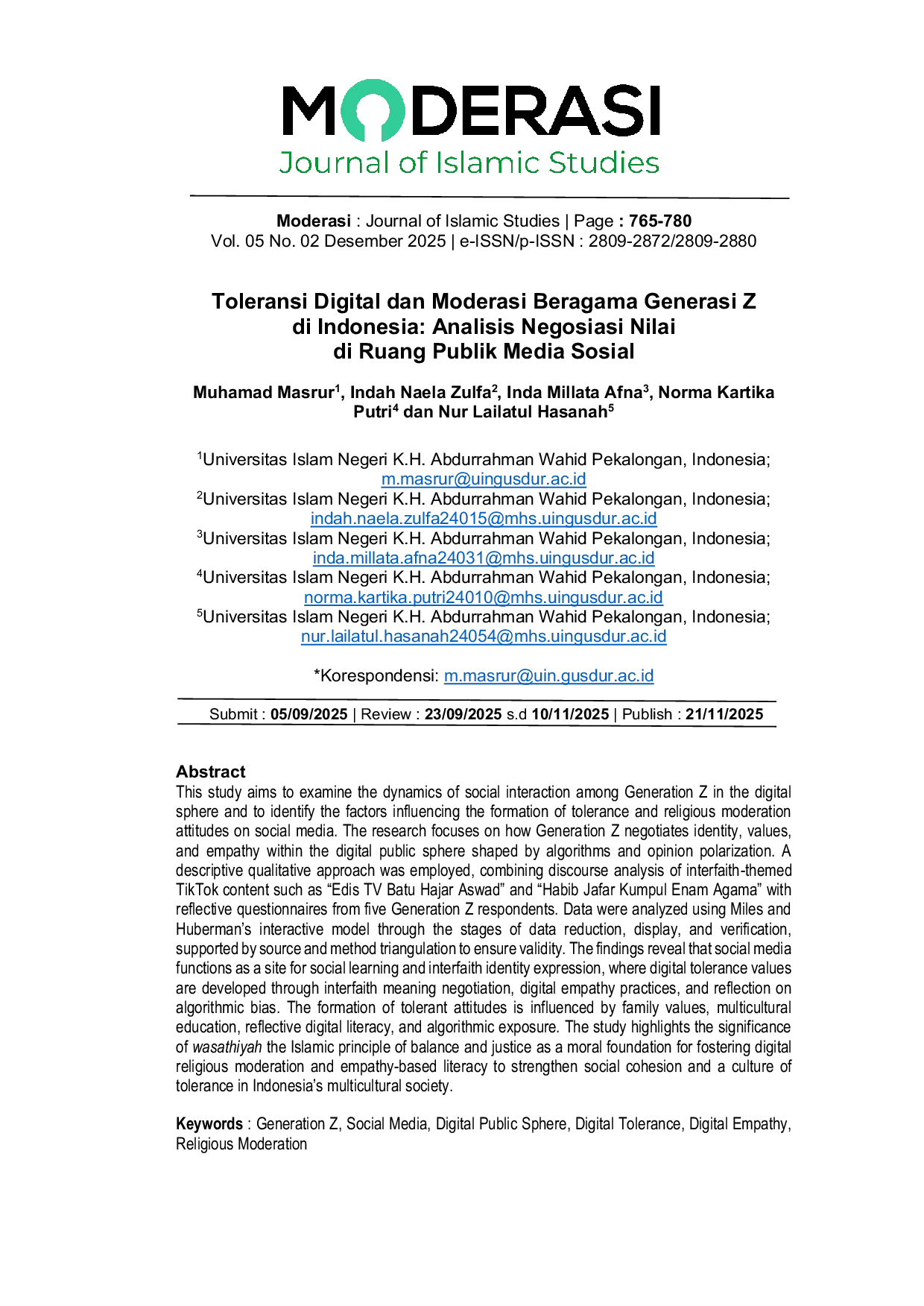 JURIS Toleransi Digital dan Moderasi Beragama Generasi Z di Indonesia Analisis Negosiasi Nilai di Ruang Publik Media Sosial