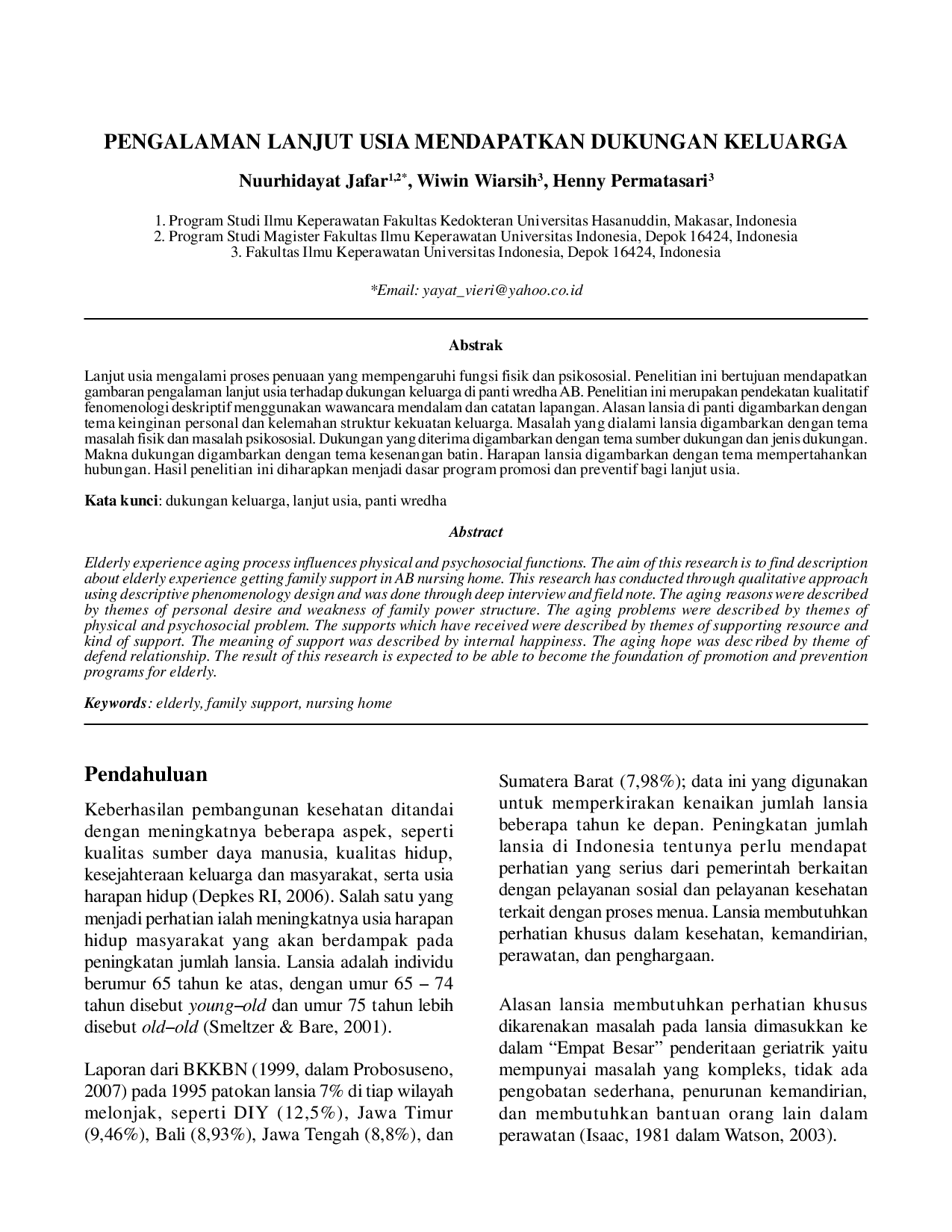 juris Pengalaman Lanjut Usia Mendapatkan Dukungan Keluarga