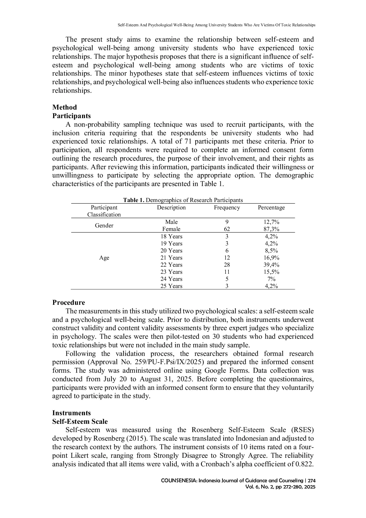 JURIS Self Esteem and Psychological Well Being Among University Students Who Are Victims of Toxic Relationships