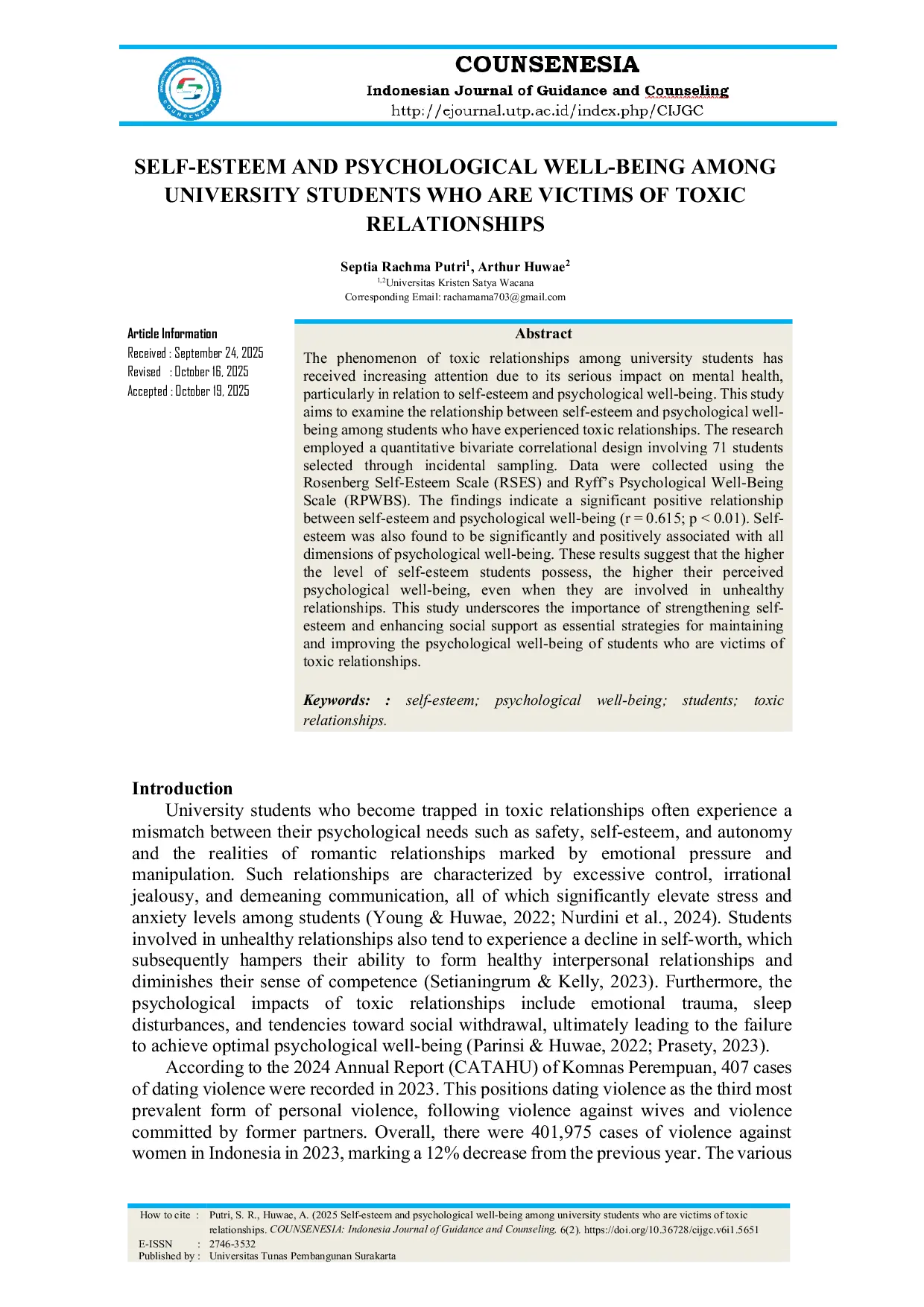 JURIS Self Esteem and Psychological Well Being Among University Students Who Are Victims of Toxic Relationships