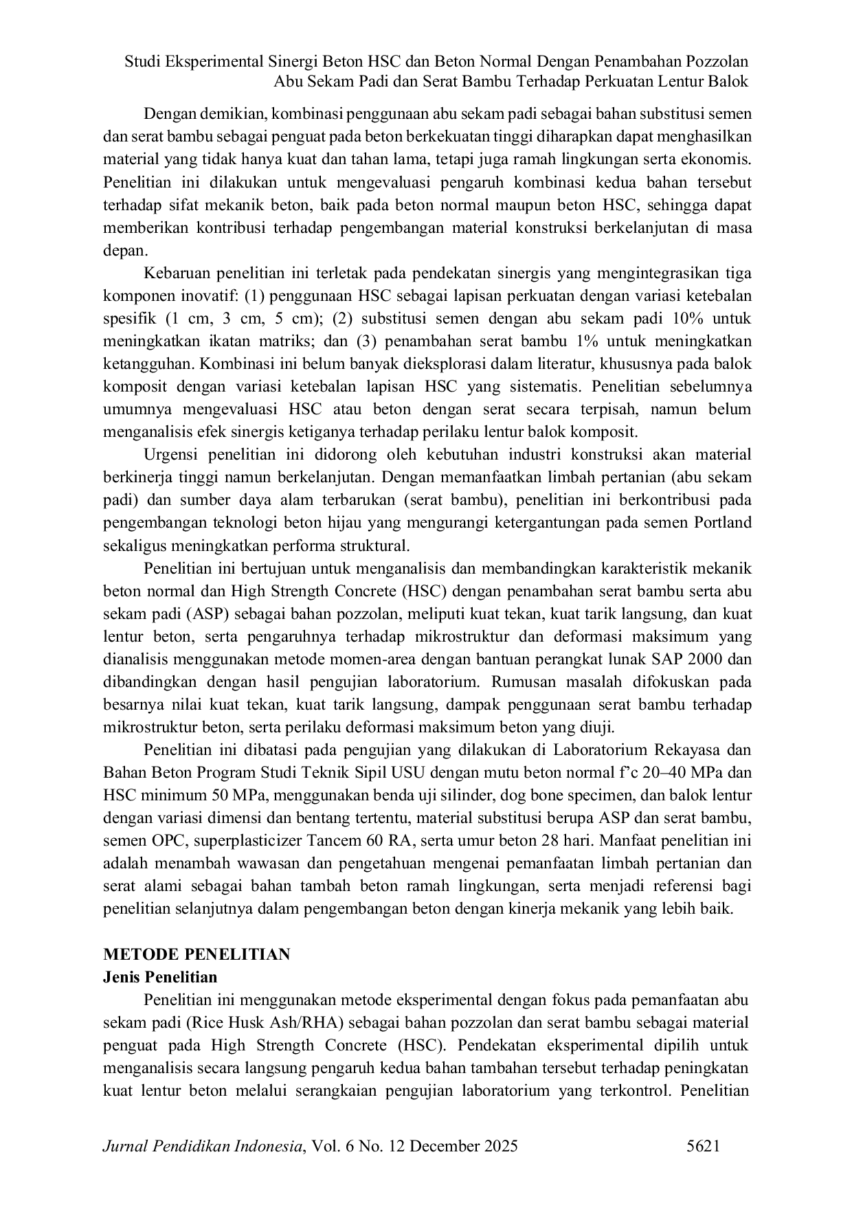 JURIS Studi Eksperimental Sinergi Beton HSC dan Beton Normal Dengan Penambahan Pozzolan Abu Sekam Padi dan Serat Bambu Terhadap Perkuatan Lentur Balok