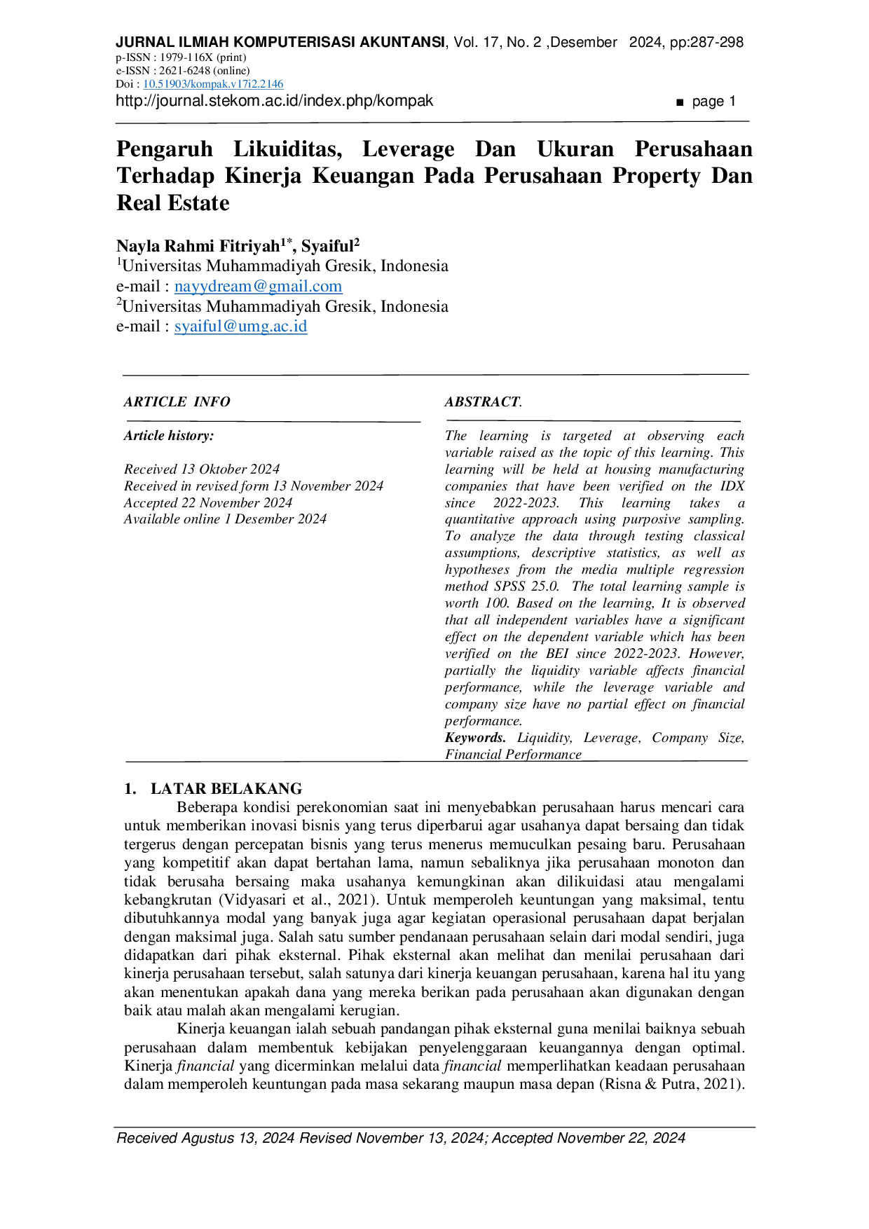 JURIS Pengaruh Likuiditas Leverage Dan Ukuran Perusahaan Terhadap Kinerja Keuangan Pada Perusahaan Property Dan Real Estate