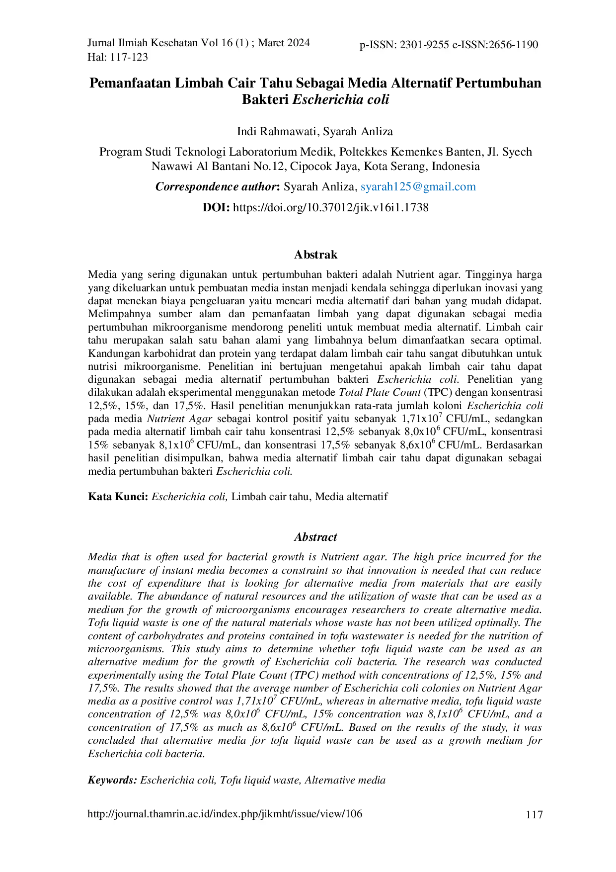 JURIS PEMANFAATAN LIMBAH CAIR TAHU SEBAGAI MEDIA ALTERNATIF PERTUMBUHAN BAKTERI Escherichia coli