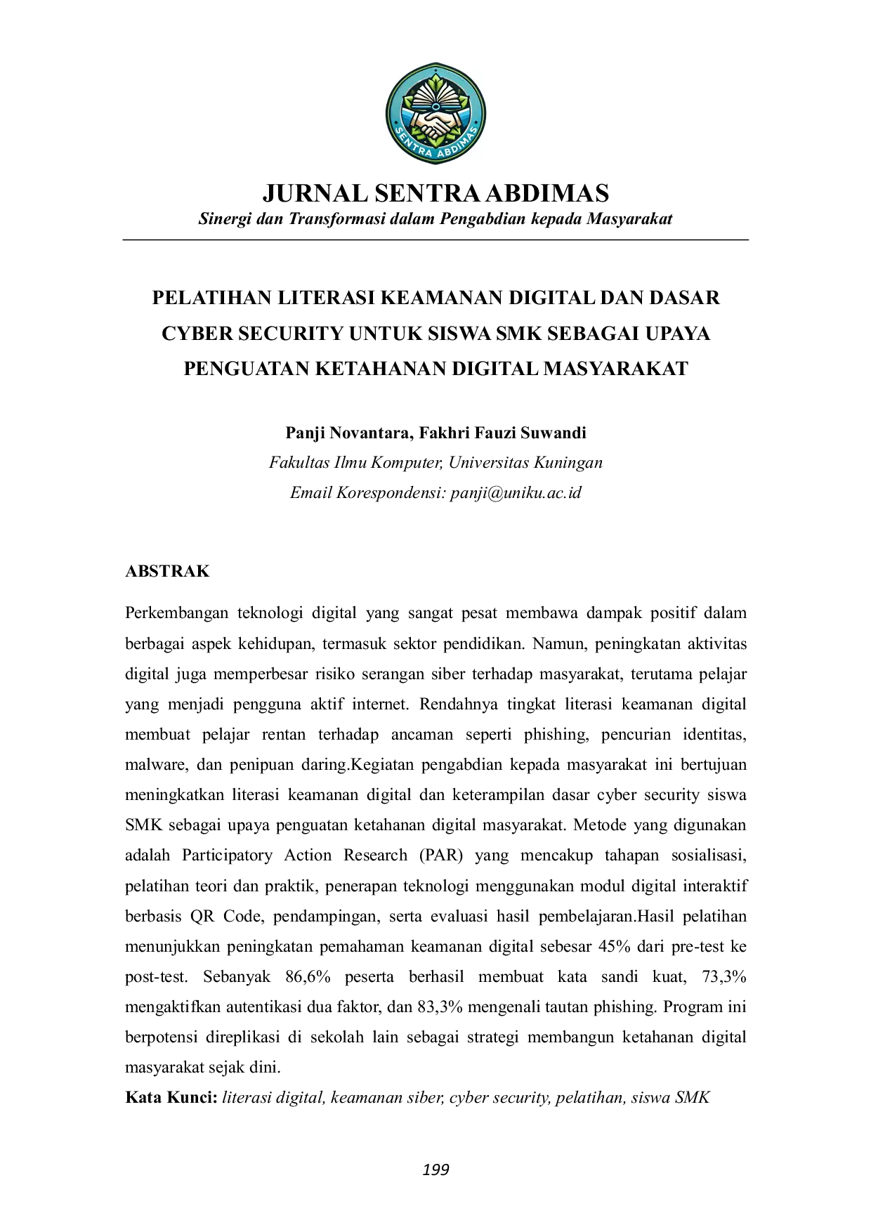 JURIS Pelatihan Literasi Keamanan Digital Dan Dasar Cyber Security Untuk Siswa Smk Sebagai Upaya Penguatan Ketahanan Digital Masyarakat