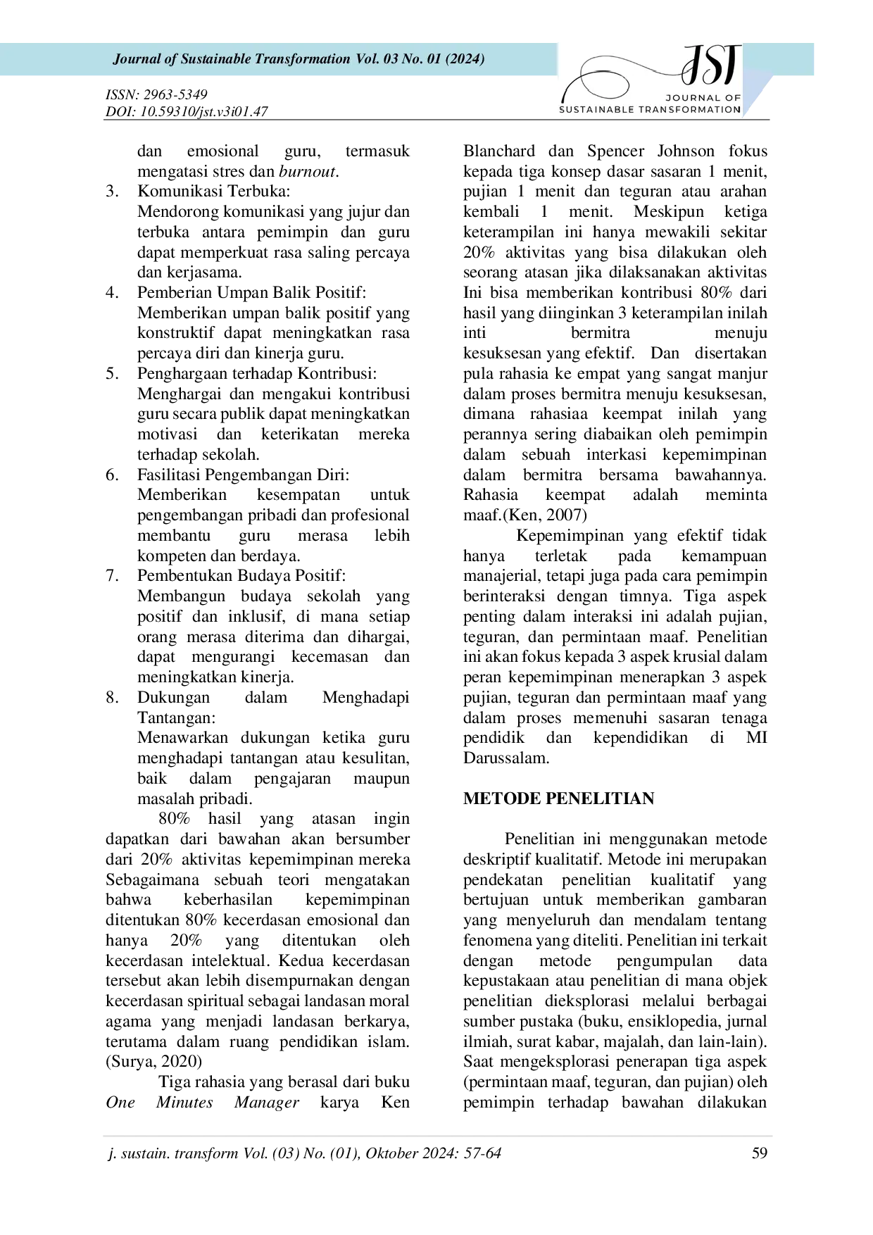 juris Peran Kepemimpinan Dalam Penerapan Tiga Aspek Manajemen Satu Menit Pujian Teguran Dan Permintaan Maaf Di Mi Darussalam Samarinda