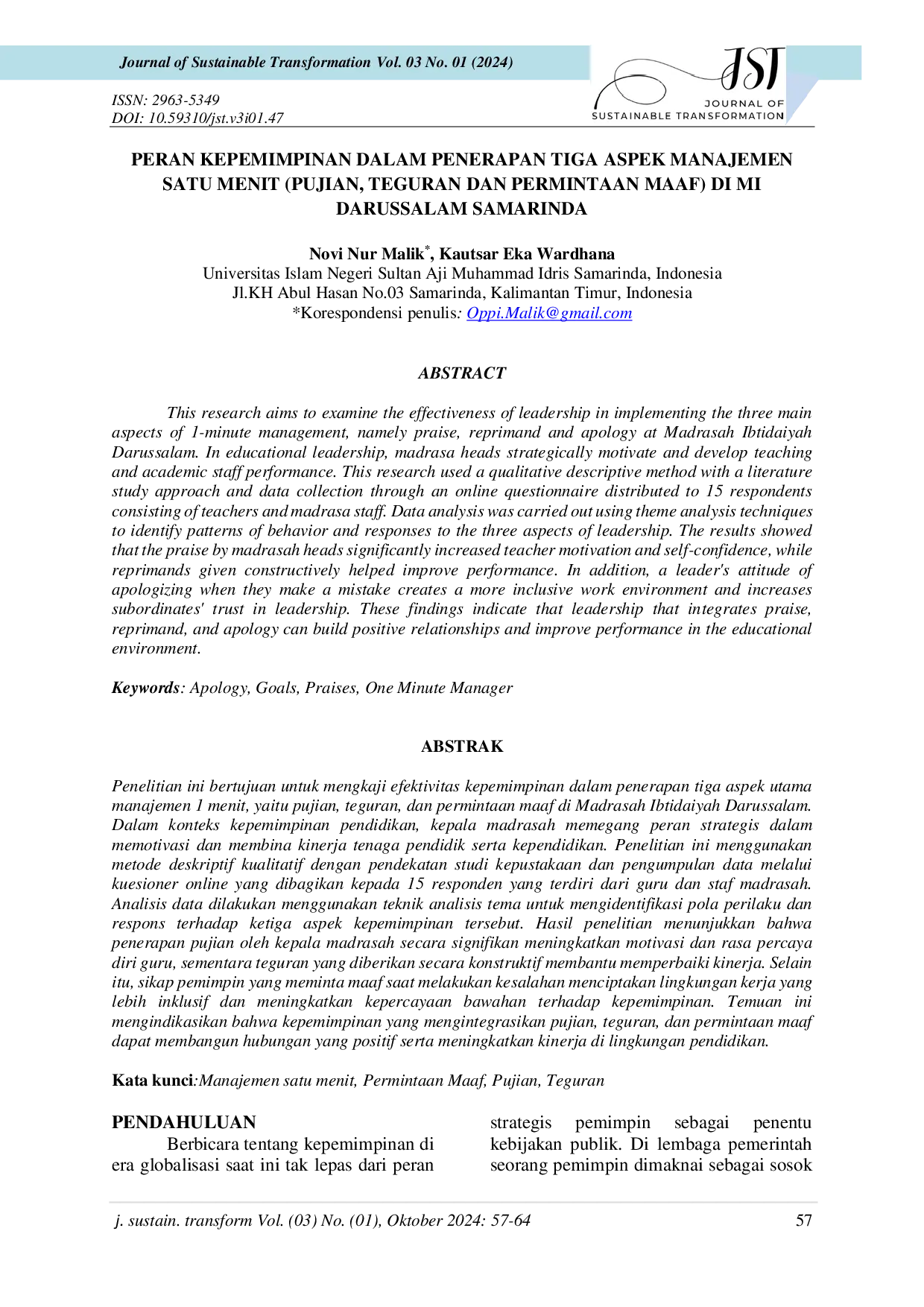 juris Peran Kepemimpinan Dalam Penerapan Tiga Aspek Manajemen Satu Menit Pujian Teguran Dan Permintaan Maaf Di Mi Darussalam Samarinda