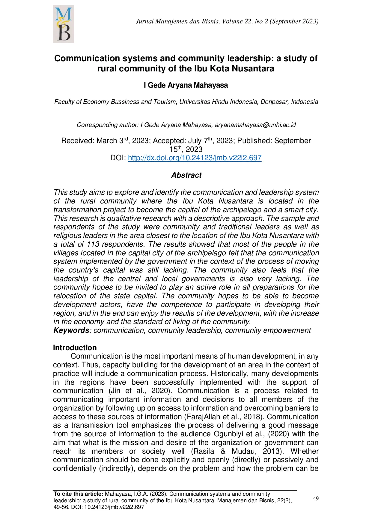JURIS Communication Systems and Community Leadership A Study of Rural Community of the Ibu Kota Nusantara