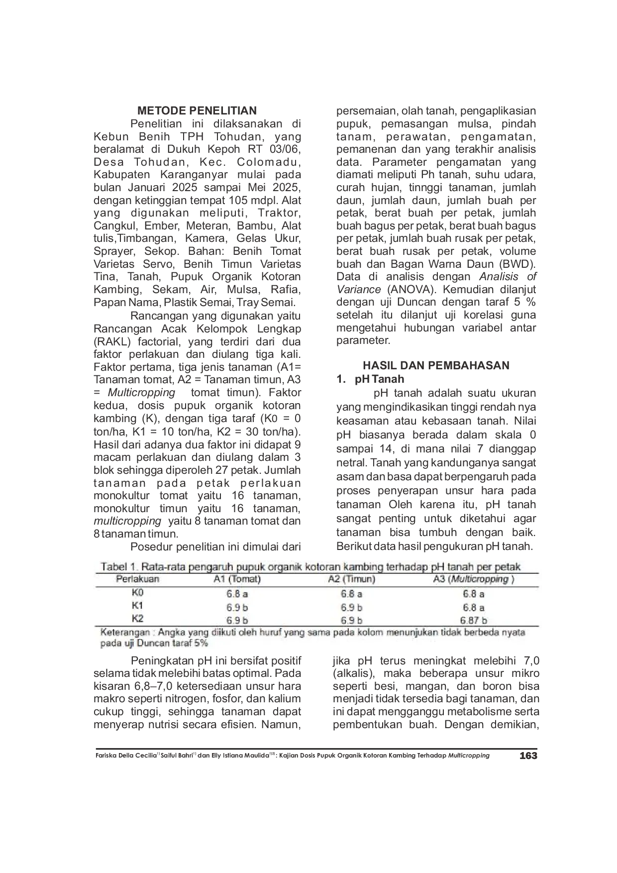 JURIS Kajian Dosis Pupuk Organik Kotoran Kambing Terhadap Multicropping Tanaman Tomat Solanum lycopersicum L Dan Timun Cucumis sativus L