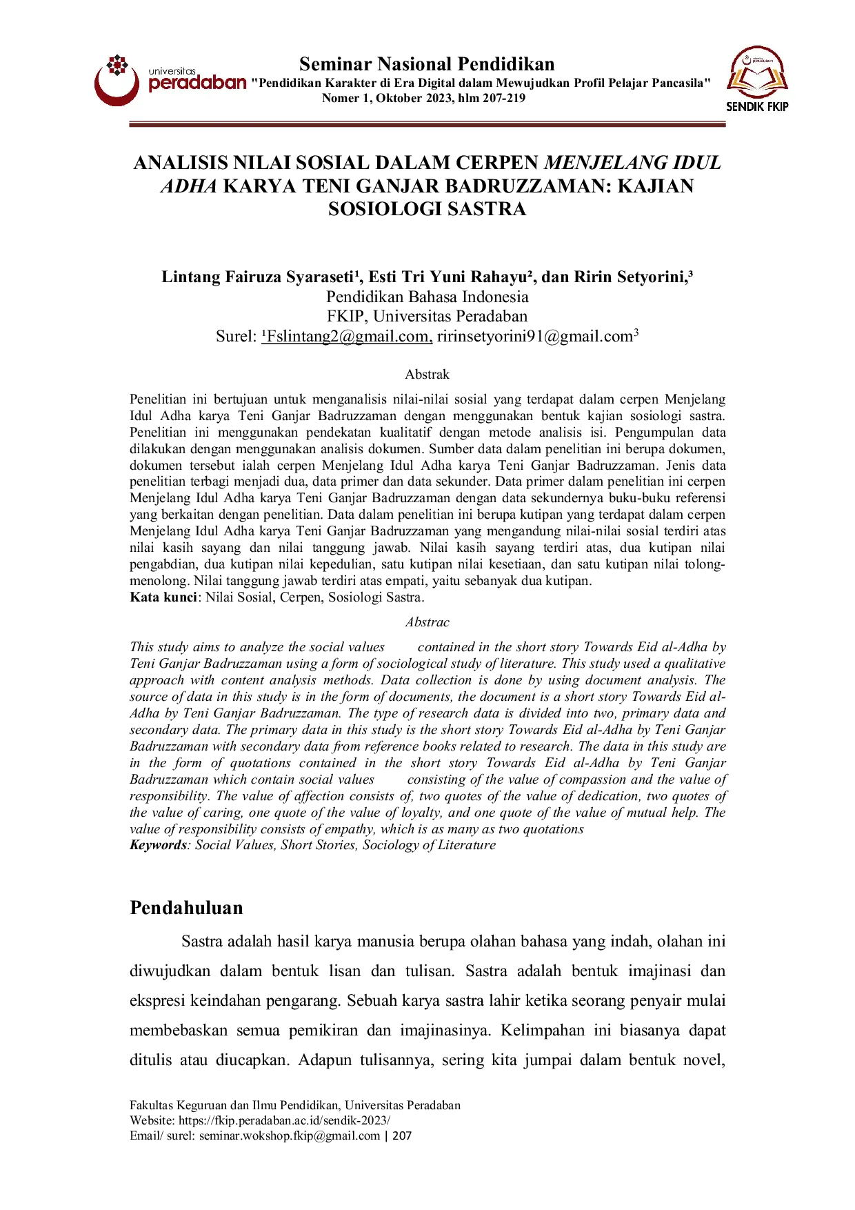 JURIS Analisis Nilai Sosial Dalam Cerpen Menjelang Idul Adha Karya Teni Ganjar Badruzzaman