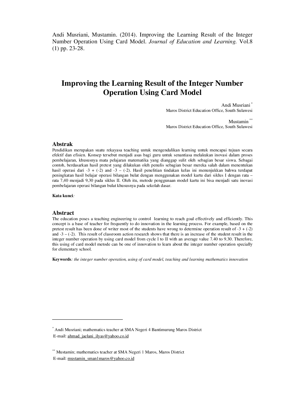 juris Improving the Learning Result of the Integer Number Operation Using Card Model