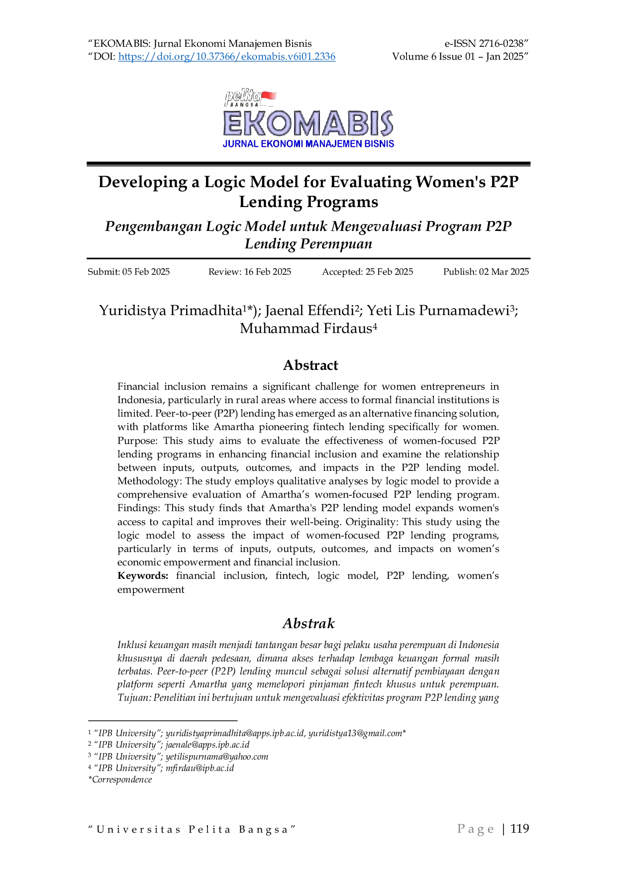 JURIS Developing a Logic Model for Evaluating Women s P2P Lending Programs