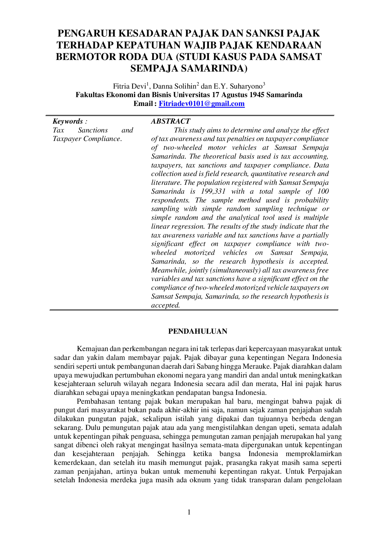 JURIS Pengaruh Kesadaran Pajak Dan Sanksi Pajak Terhadap Kepatuhan Wajib Pajak Kendaraan Bermotor Roda Dua Studi Kasus Pada Samsat Sempaja Samarinda