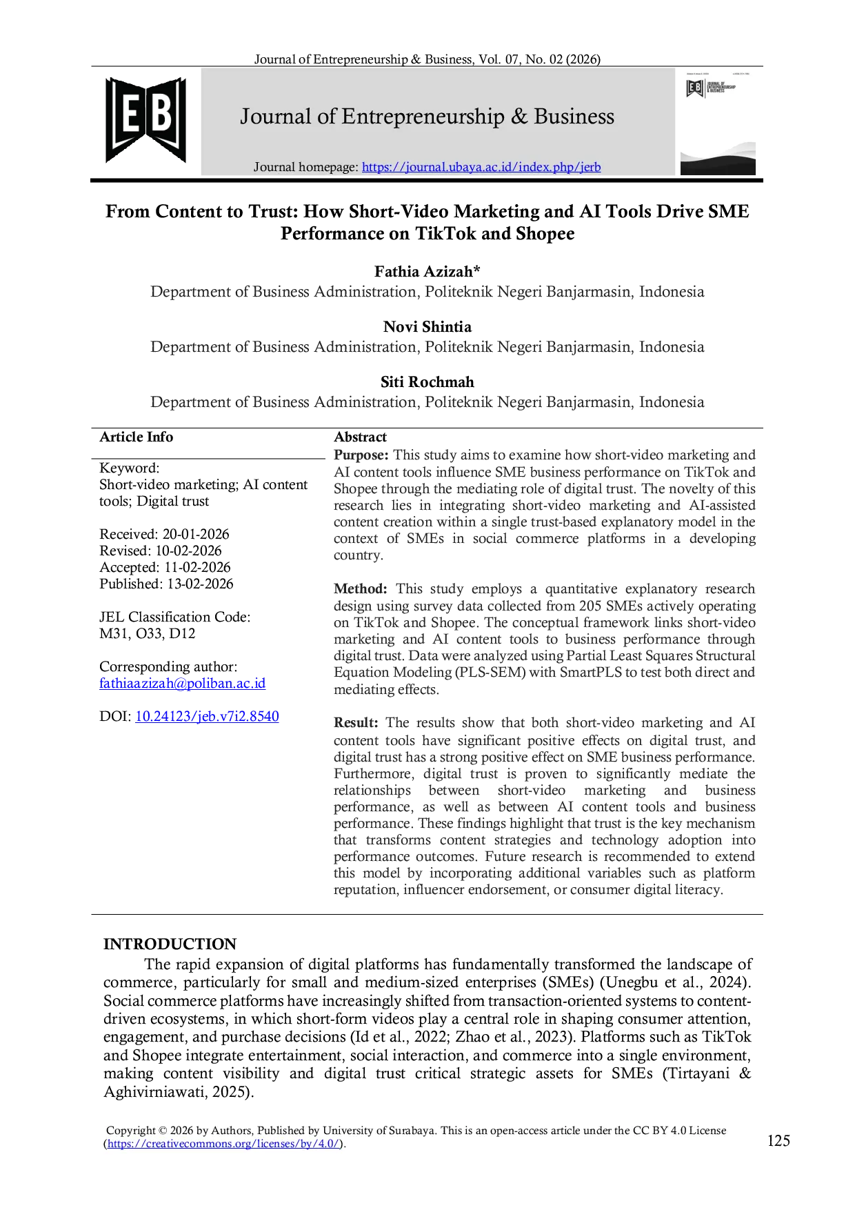 JURIS From Content to Trust How Short Video Marketing and AI Tools Drive SME Performance on TikTok and Shopee