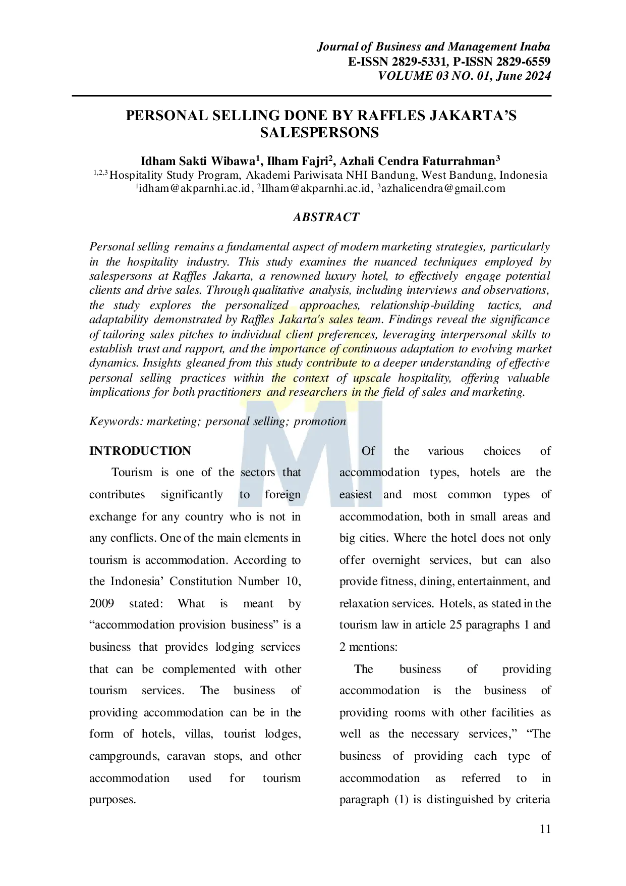 JURIS Personal Selling Done by Raffles Hotel Jakarta s Salespersons