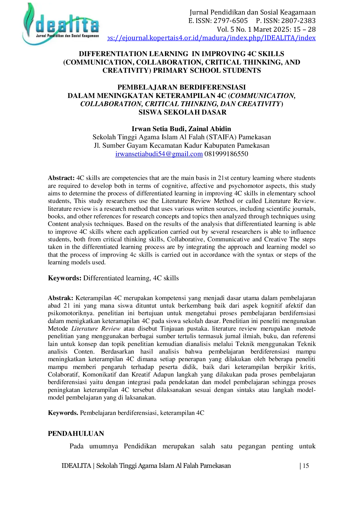 JURIS Pembelajaran Berdiferensiasi dalam Meningkatkan Keterampilan 4C Communication Collaboration Critical Thinking dan Creativity Siswa Sekolah Dasar