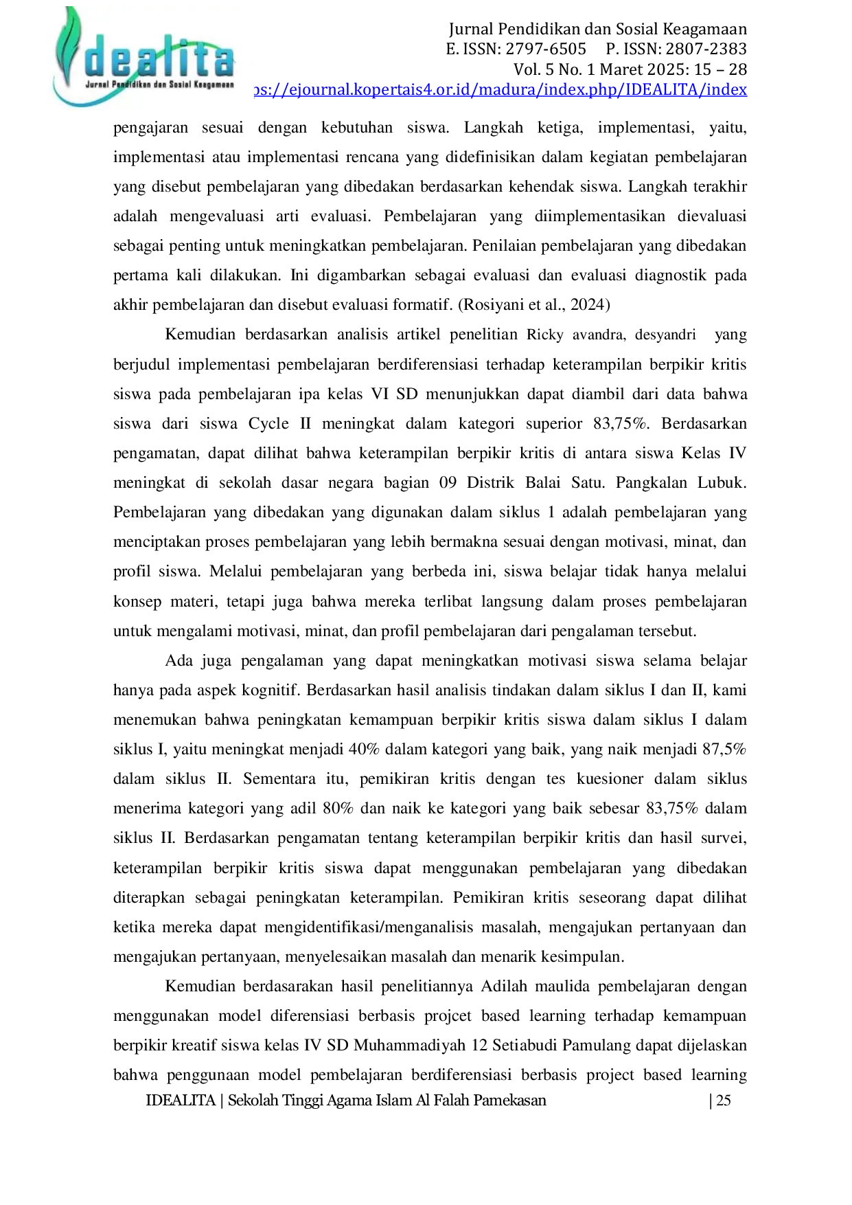 JURIS Pembelajaran Berdiferensiasi dalam Meningkatkan Keterampilan 4C Communication Collaboration Critical Thinking dan Creativity Siswa Sekolah Dasar