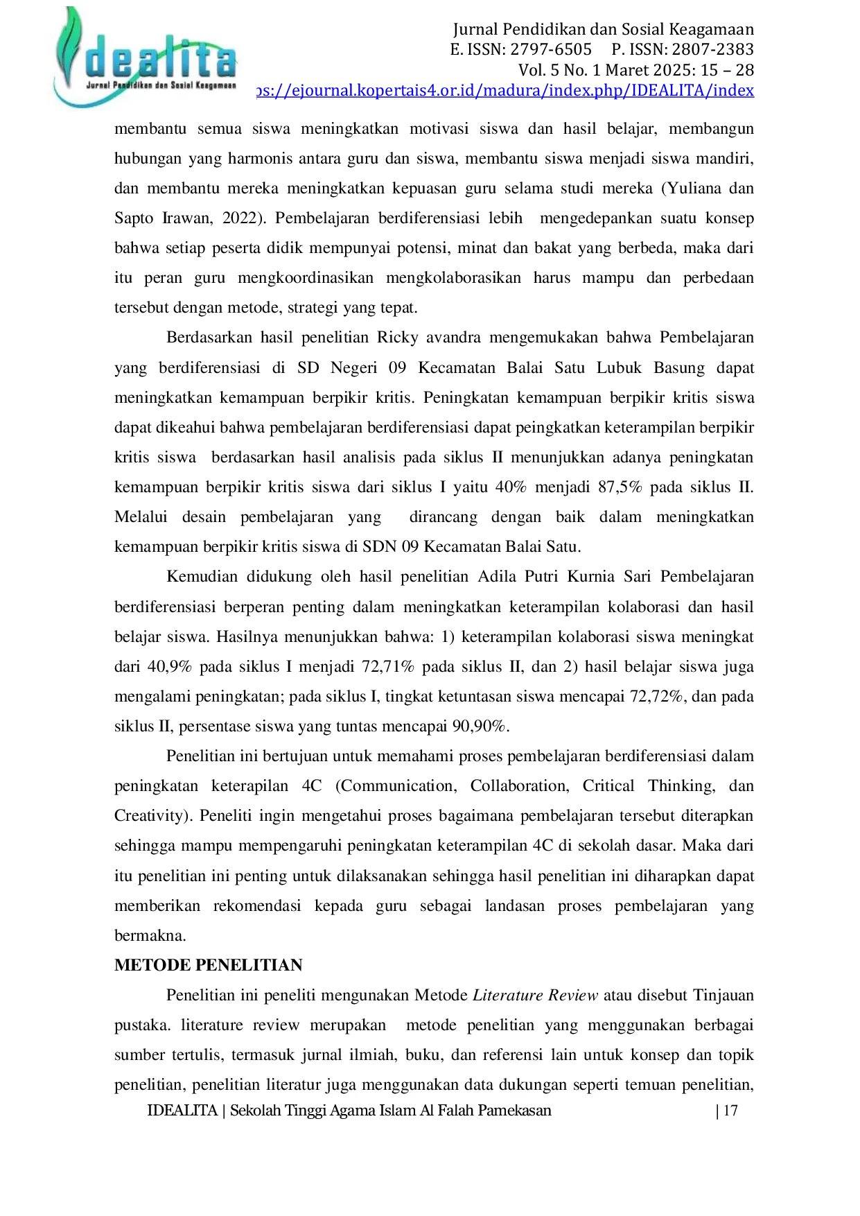 JURIS Pembelajaran Berdiferensiasi dalam Meningkatkan Keterampilan 4C Communication Collaboration Critical Thinking dan Creativity Siswa Sekolah Dasar