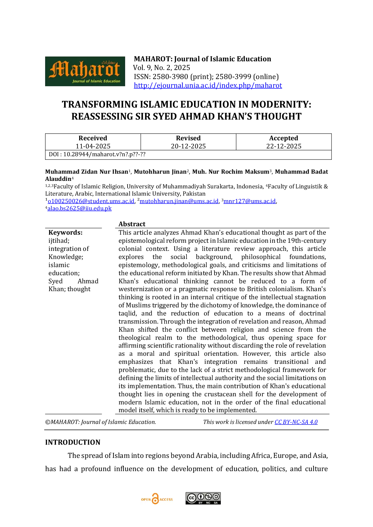 JURIS Transforming Islamic Education in Modernity Reassessing Sir Syed Ahmad Khan s Thought