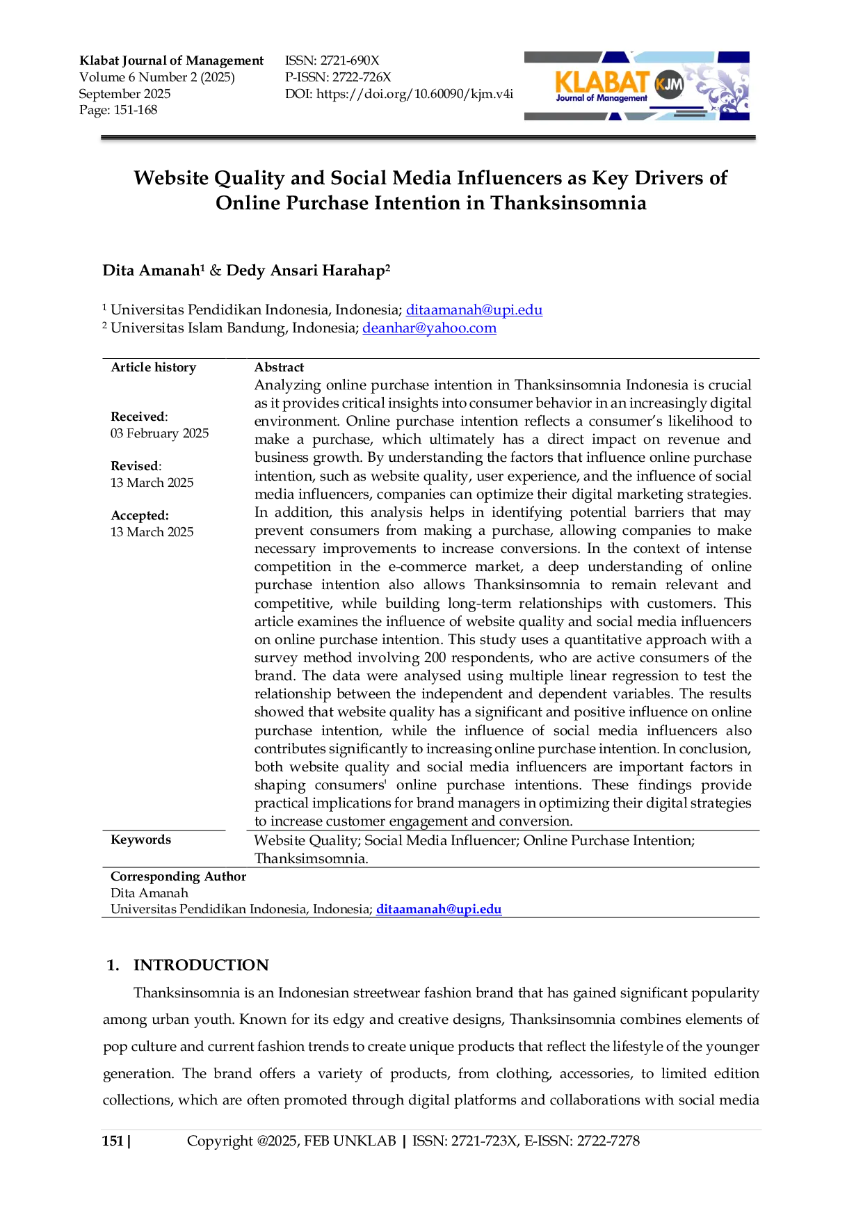 JURIS Website Quality and Social Media Influencers as Key Drivers of Online Purchase Intention in Thanksinsomnia