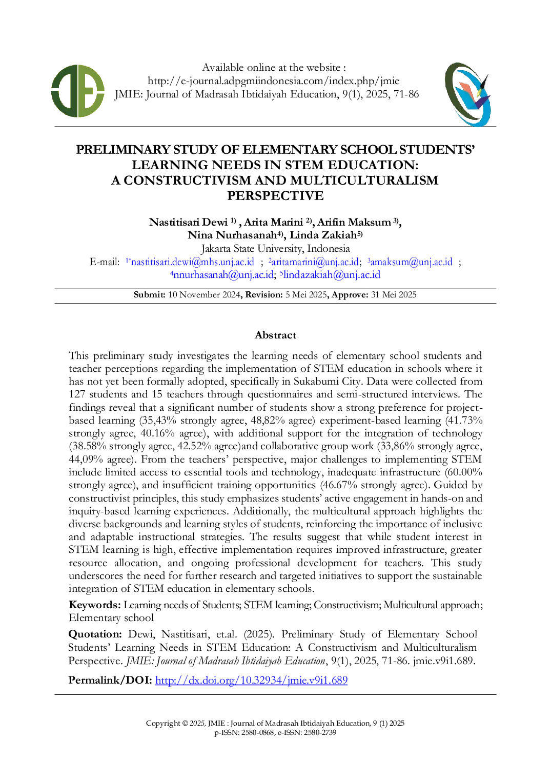 JURIS Preliminary Study of Elementary School Students Learning Needs in STEM Education A Constructivism and Multiculturalism Perspective